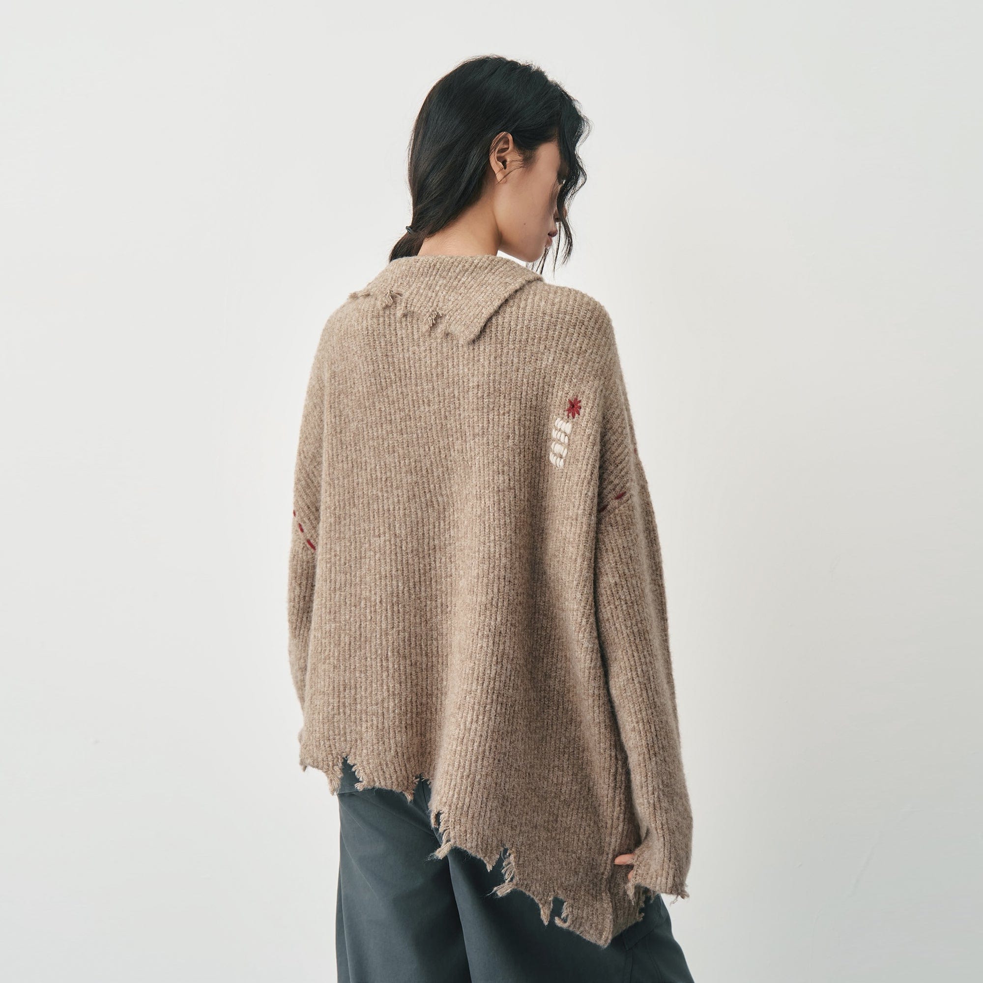 SAME FLOW Distressed Floral Embroidered Sweater