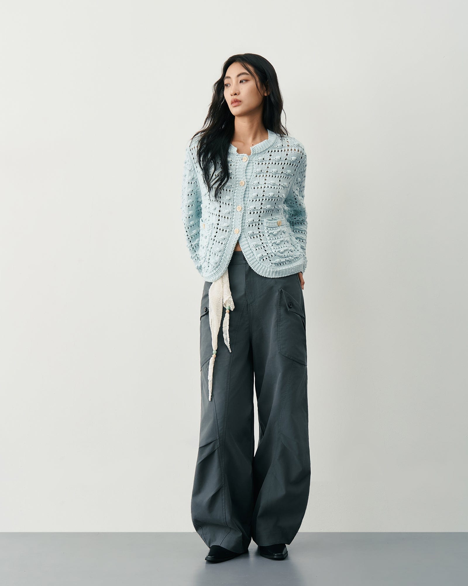 SAME FLOW Hollow Woven Bubble Knit Cardigan