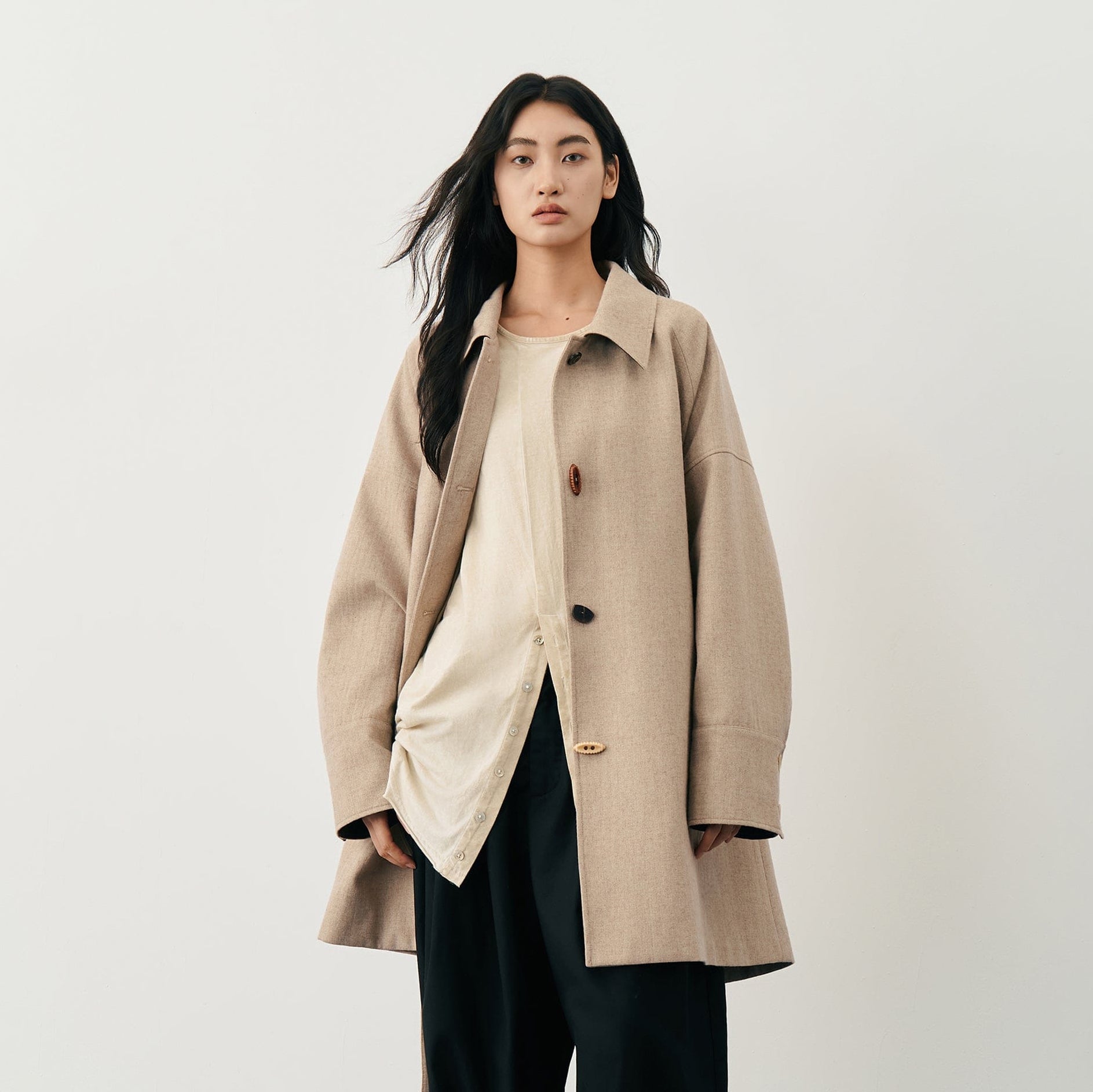 SAME FLOW Essential Asymmetric Wool-Blend Long Coat
