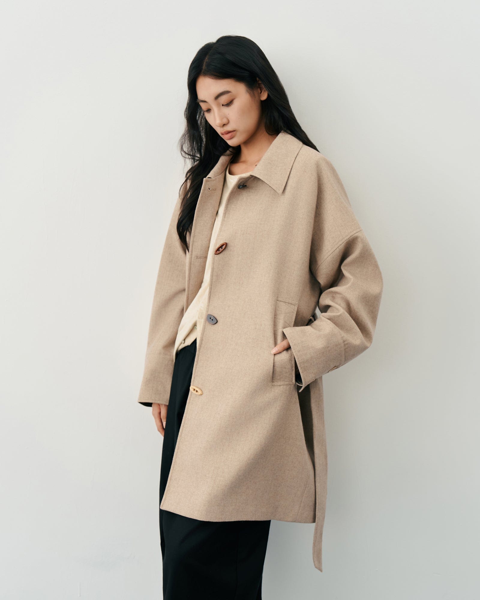 SAME FLOW Essential Asymmetric Wool-Blend Long Coat