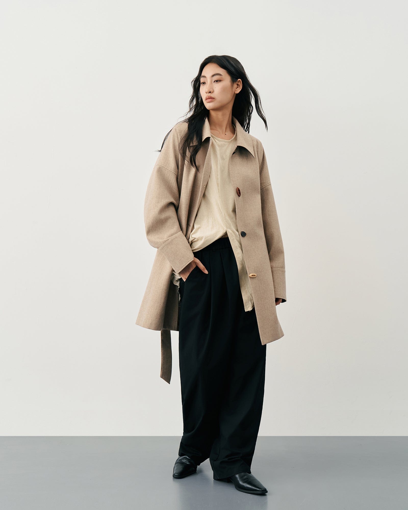 SAME FLOW Essential Asymmetric Wool-Blend Long Coat