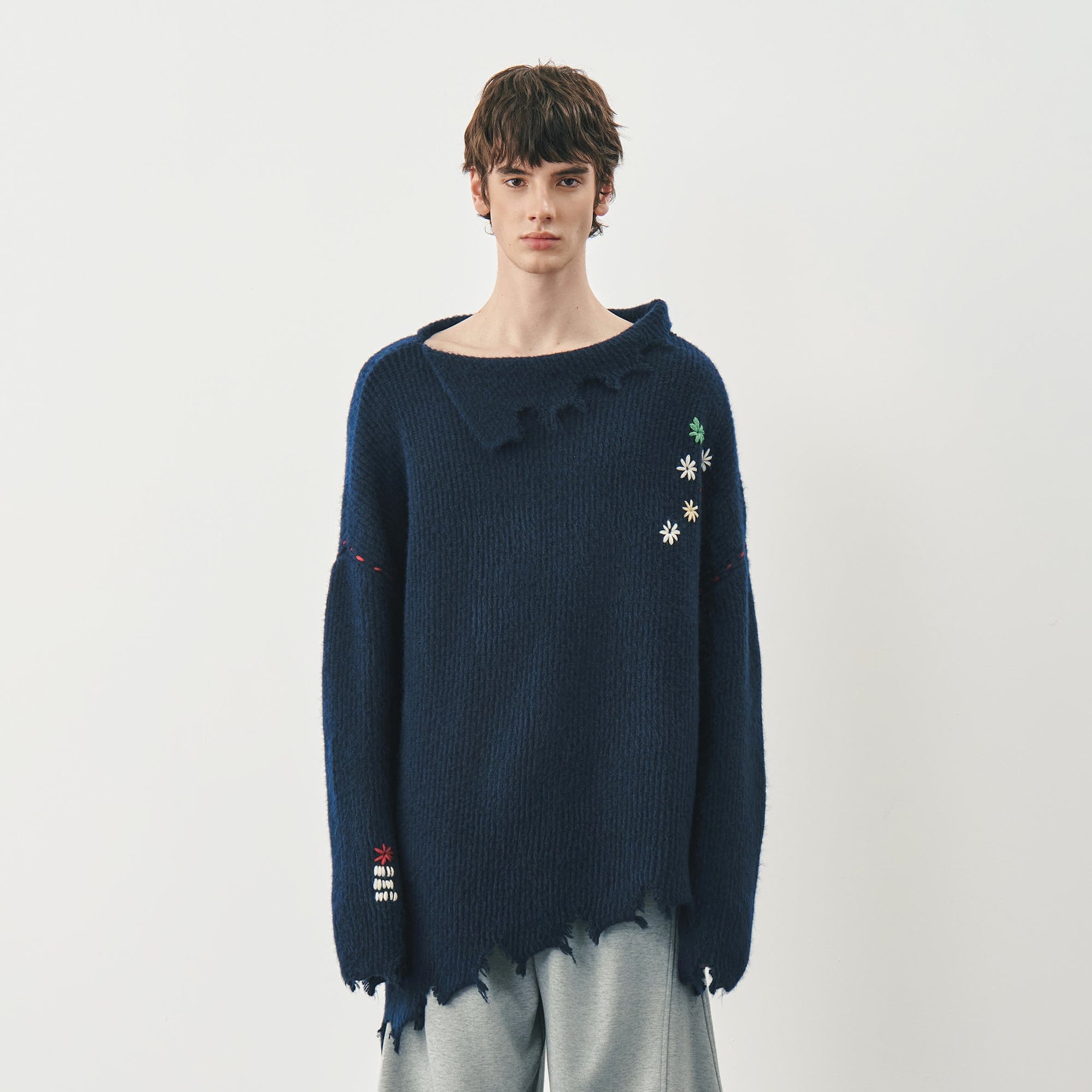 SAME FLOW Distressed Floral Embroidered Sweater