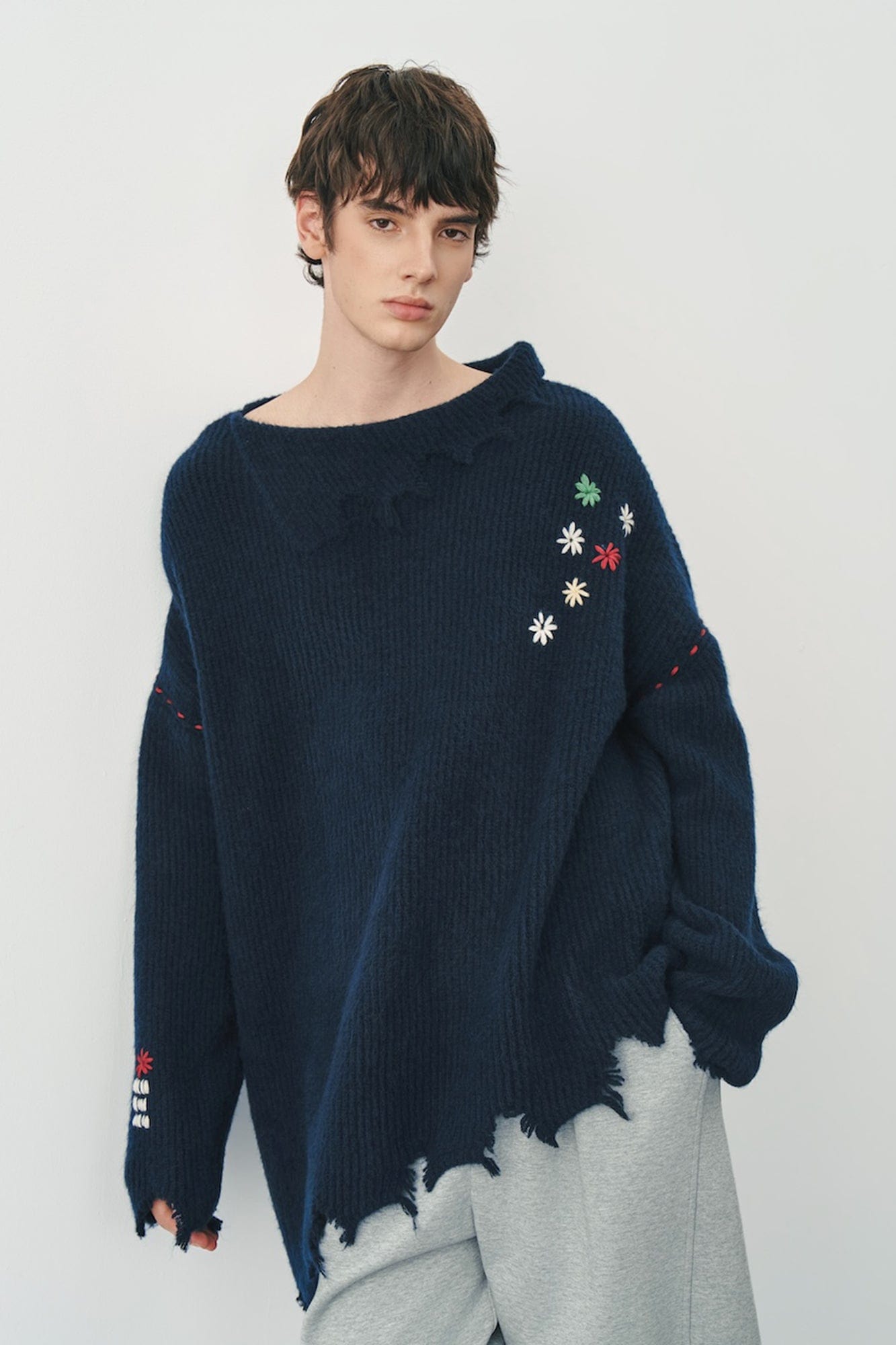SAME FLOW Distressed Floral Embroidered Sweater