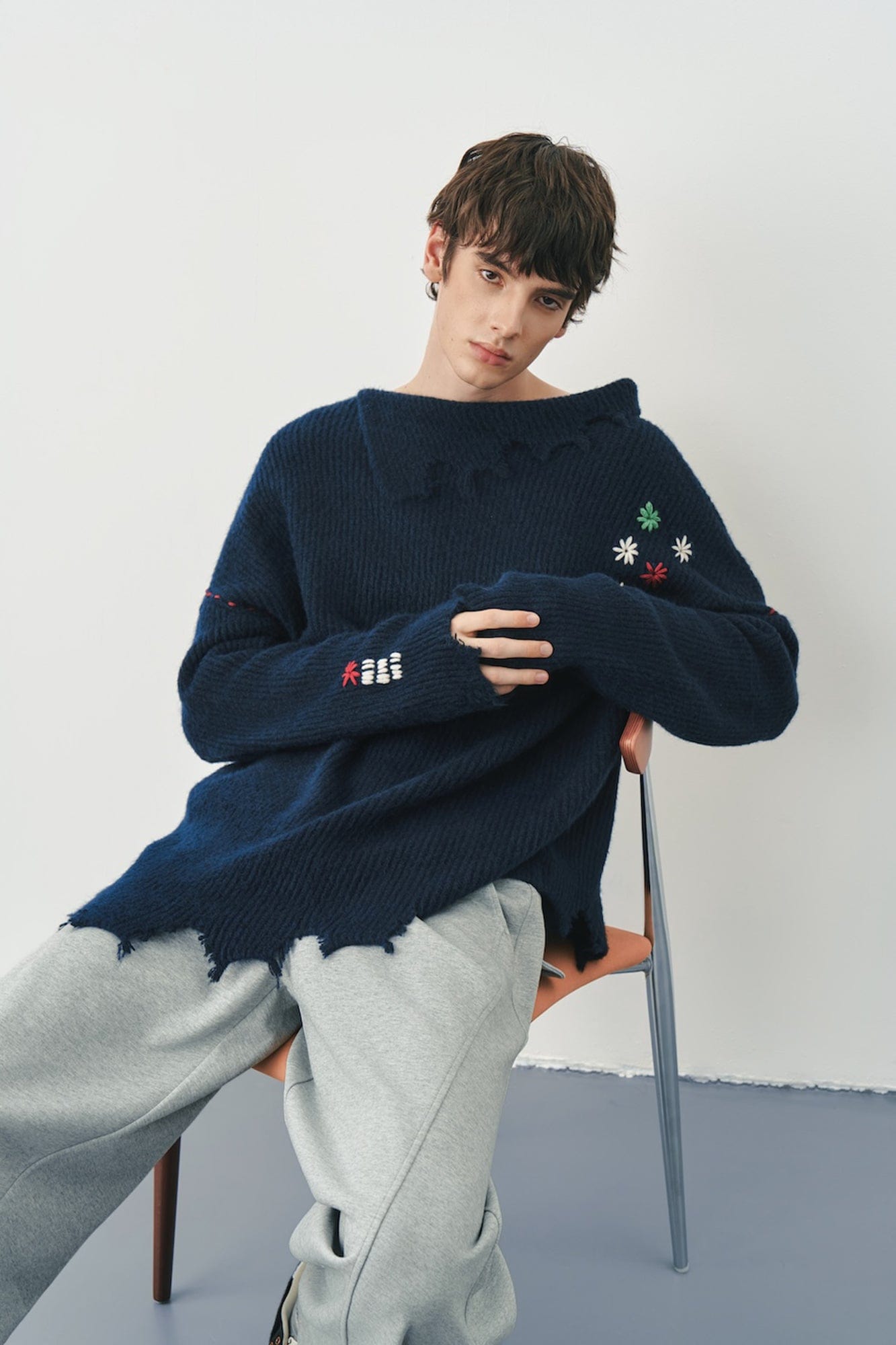 SAME FLOW Distressed Floral Embroidered Sweater