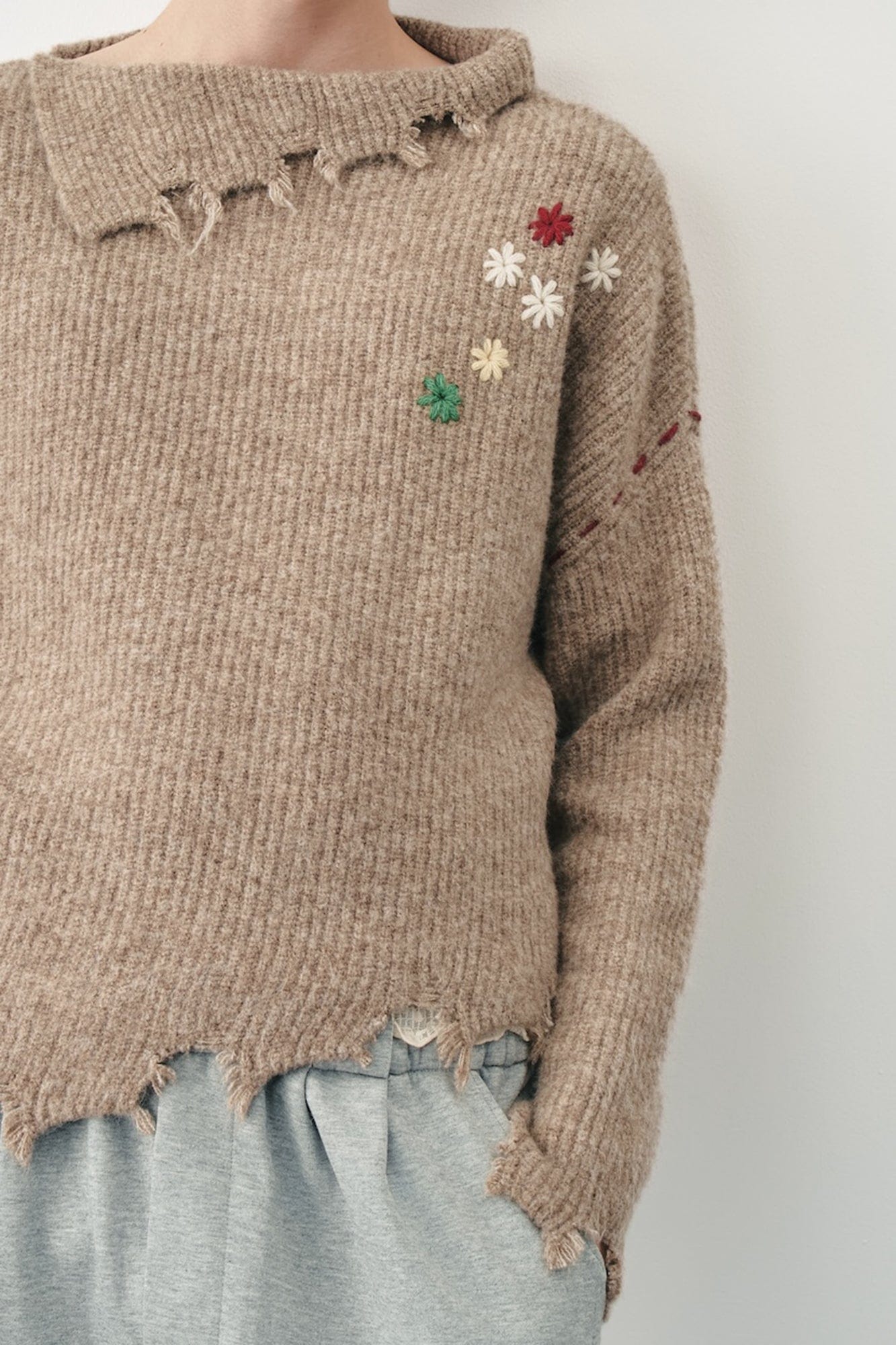 SAME FLOW Distressed Floral Embroidered Sweater