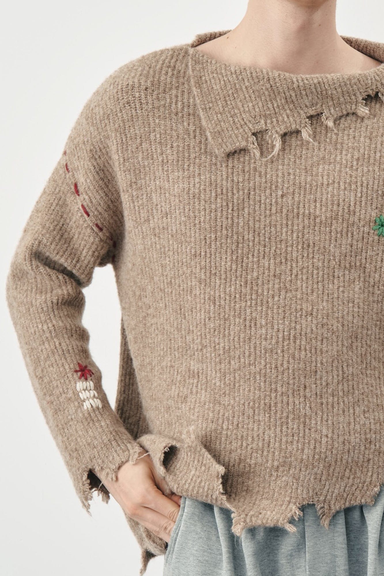 SAME FLOW Distressed Floral Embroidered Sweater