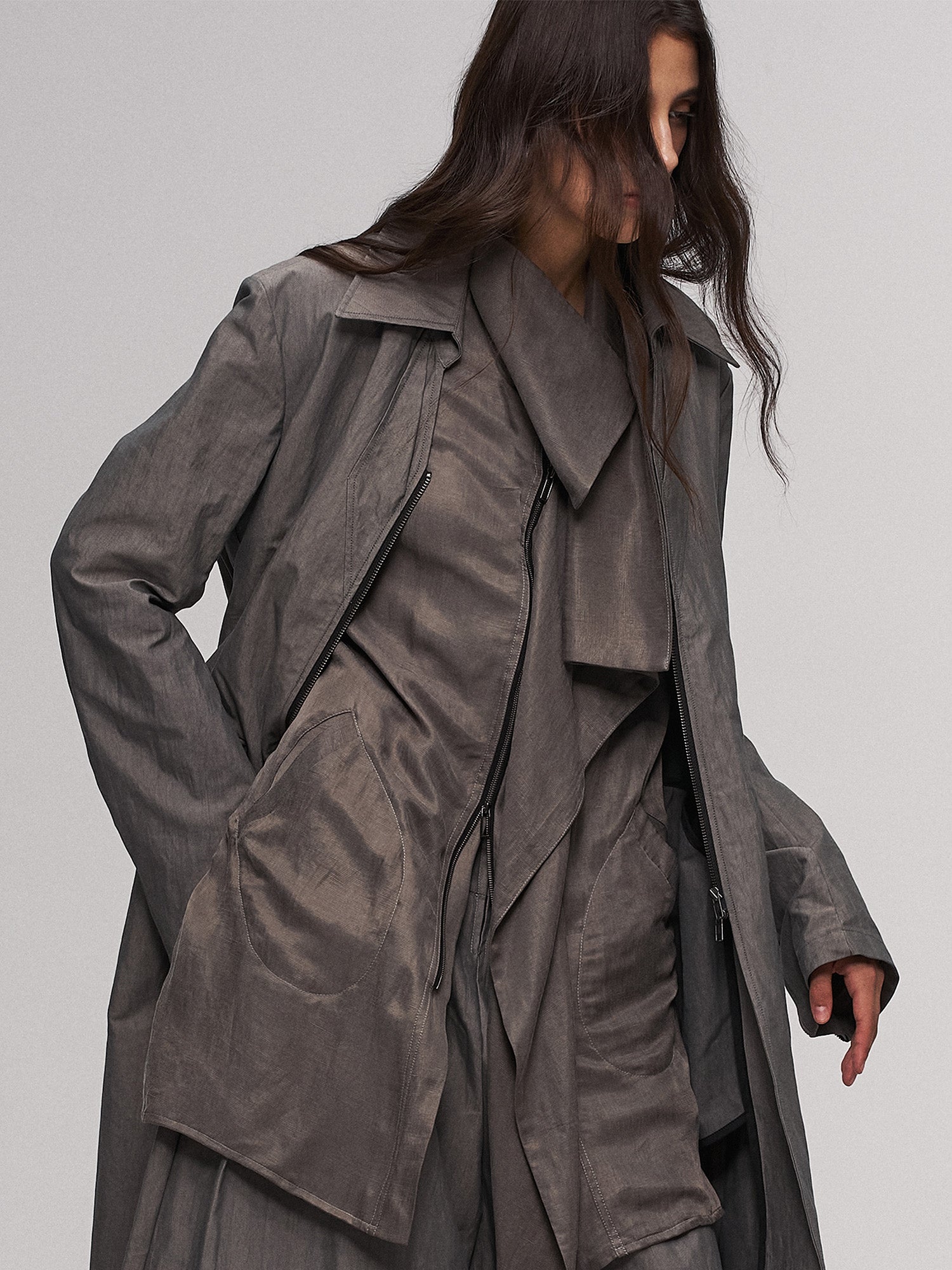 ILNya Nieternite Nifutur Asym Layered Wrap-Collar Shirt Coat Gray