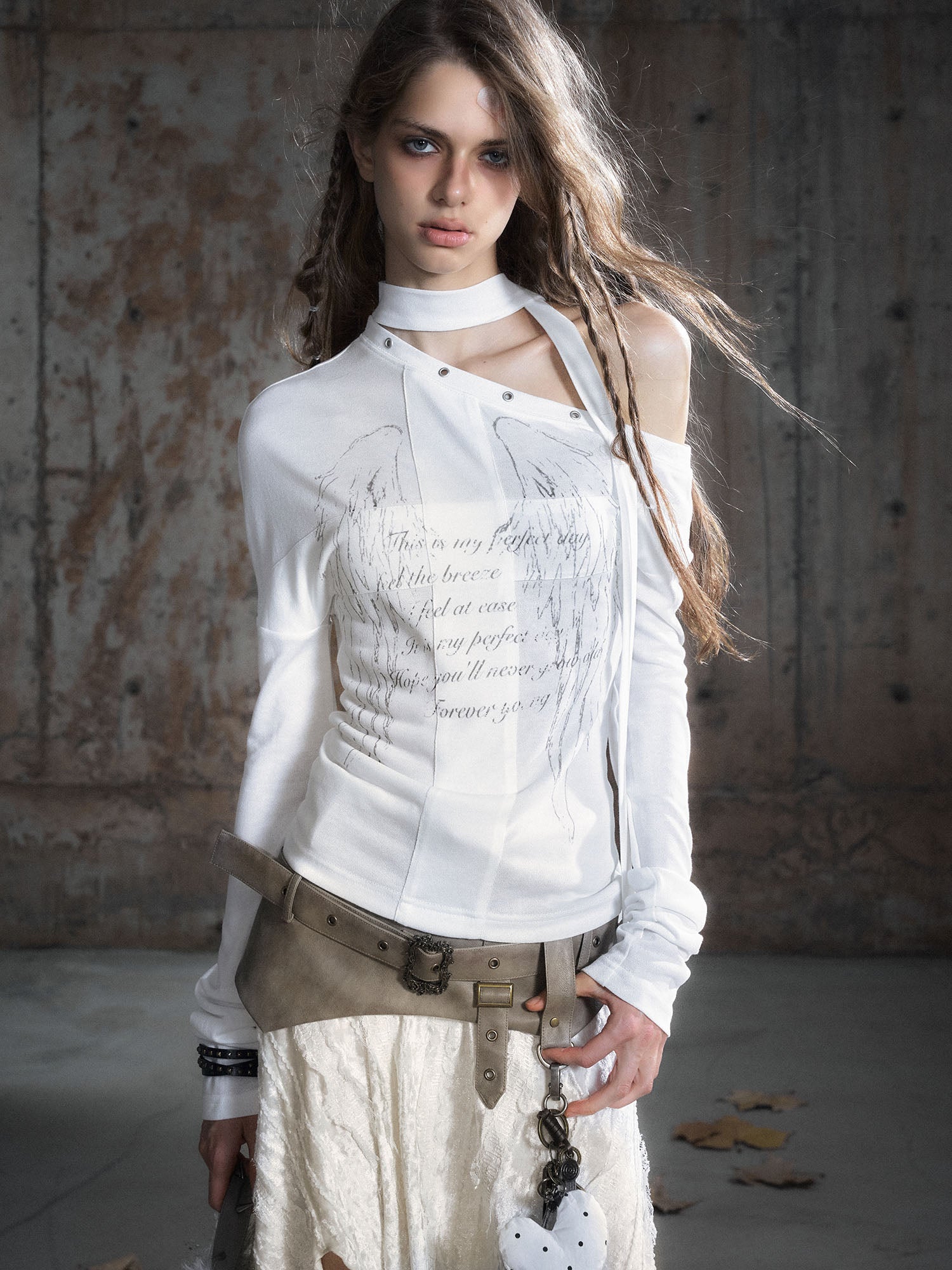 CESTNOUS Asymmetric Tie-Drape Cross Panel Long-Sleeve Tee