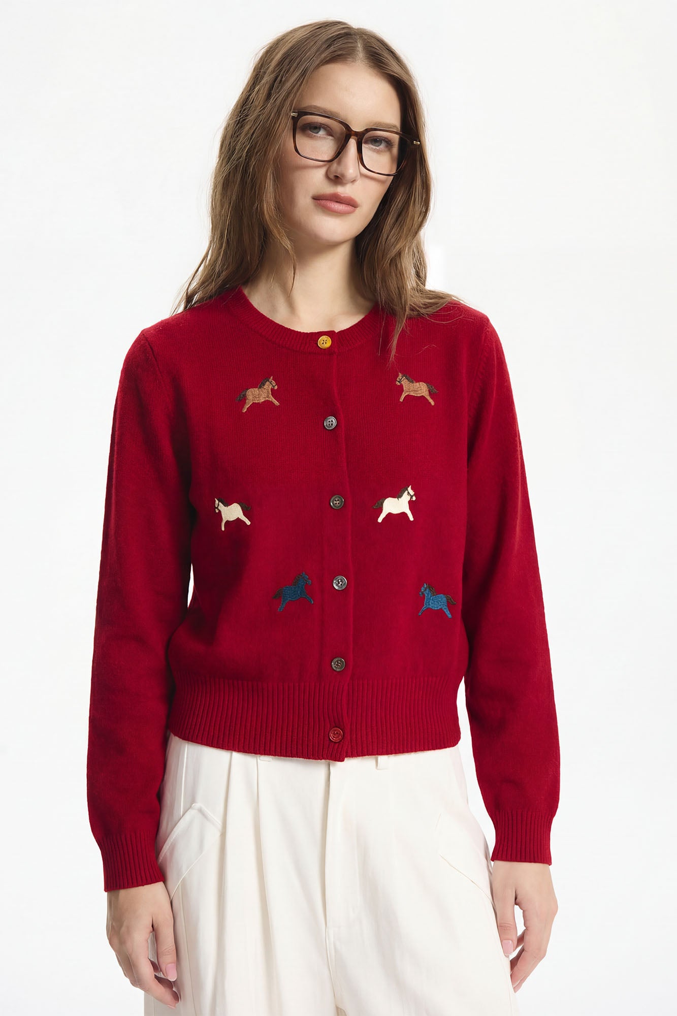 LEONSENSE Pony Embroidered Button Cardigan
