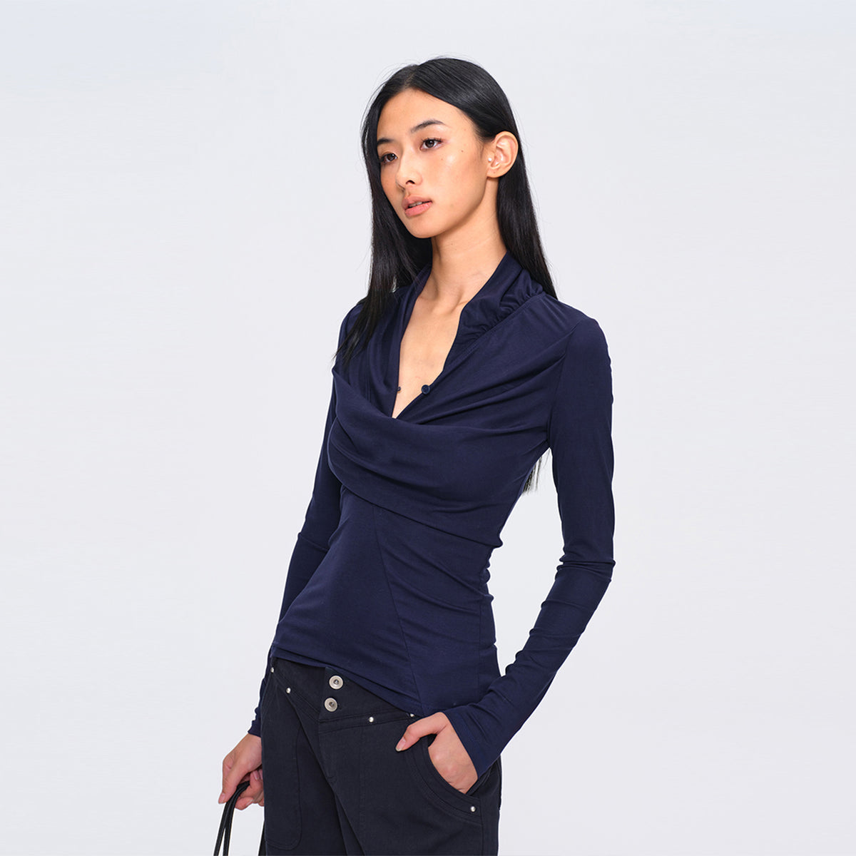 DOTYEARS Draped Cowl-Neck Ruched Long-Sleeve Top