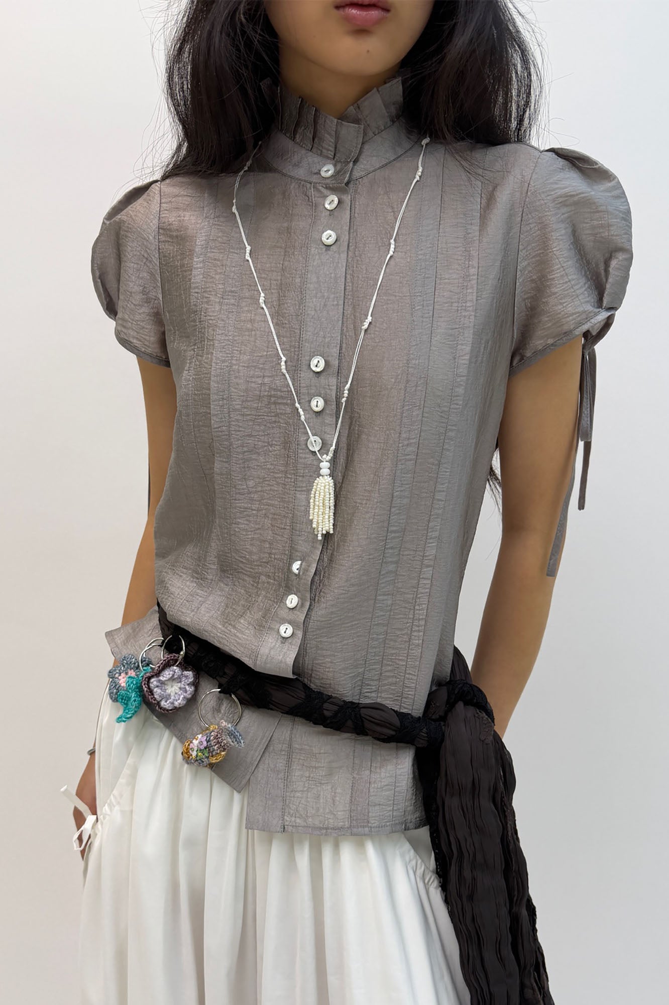 NEVERSEEZ Ruffle-Collar Paneled Puff-Sleeve Shirt