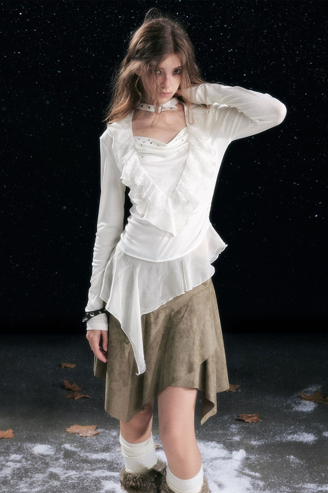 CESTNOUS Studded Ruffled Paneled Top