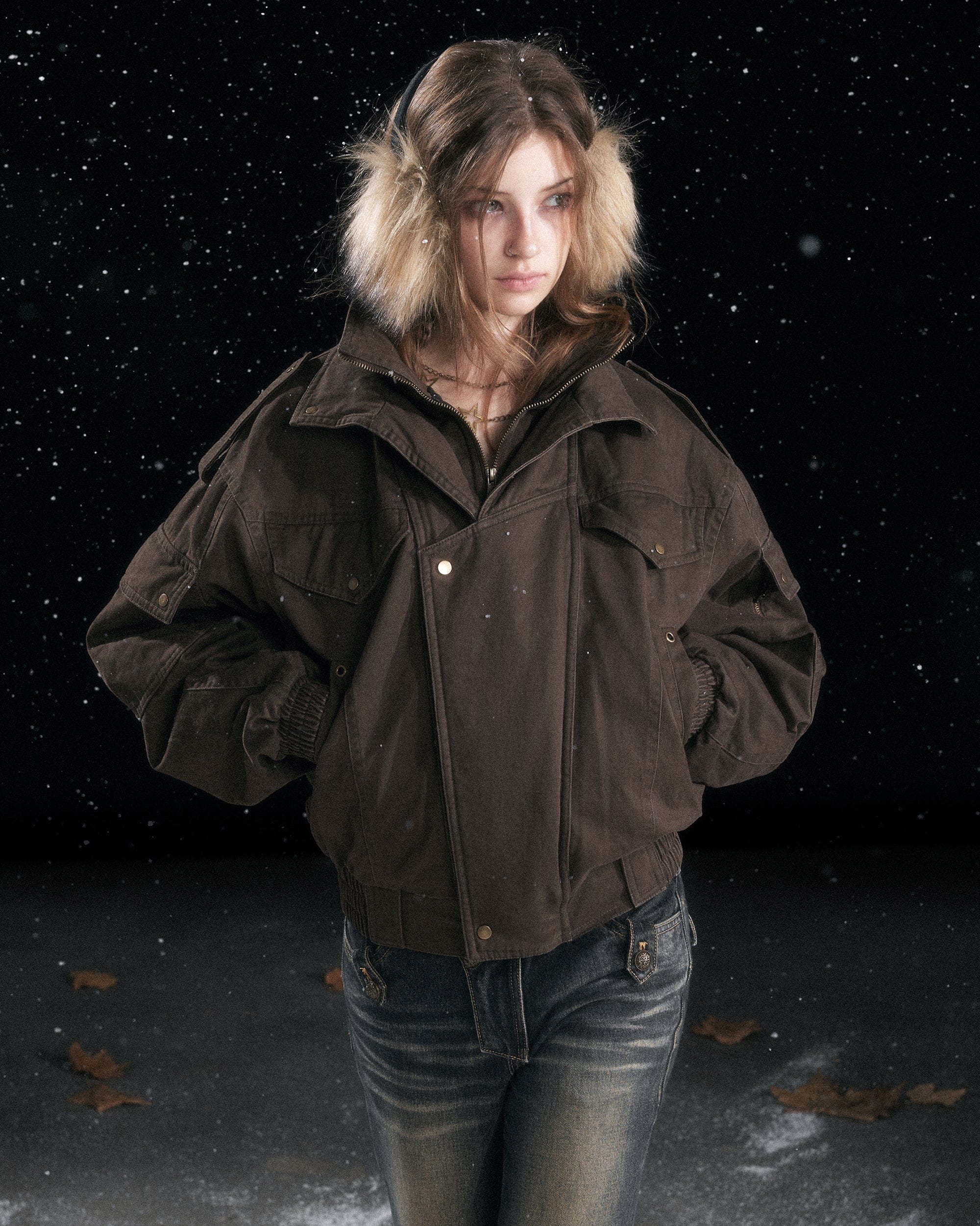 CESTNOUS Retro Detachable Faux-Fur Collar Bomber Jacket