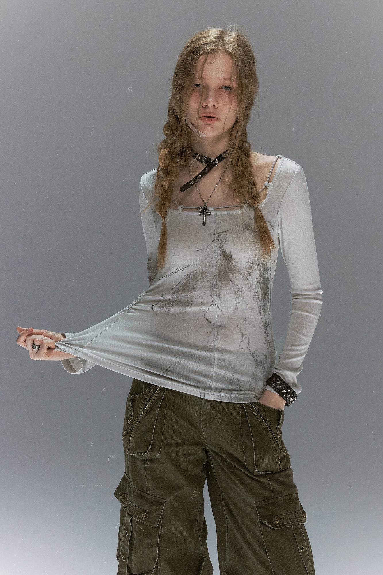 CESTNOUS Graphic Lace-Trim Tencel Long-Sleeve Tee