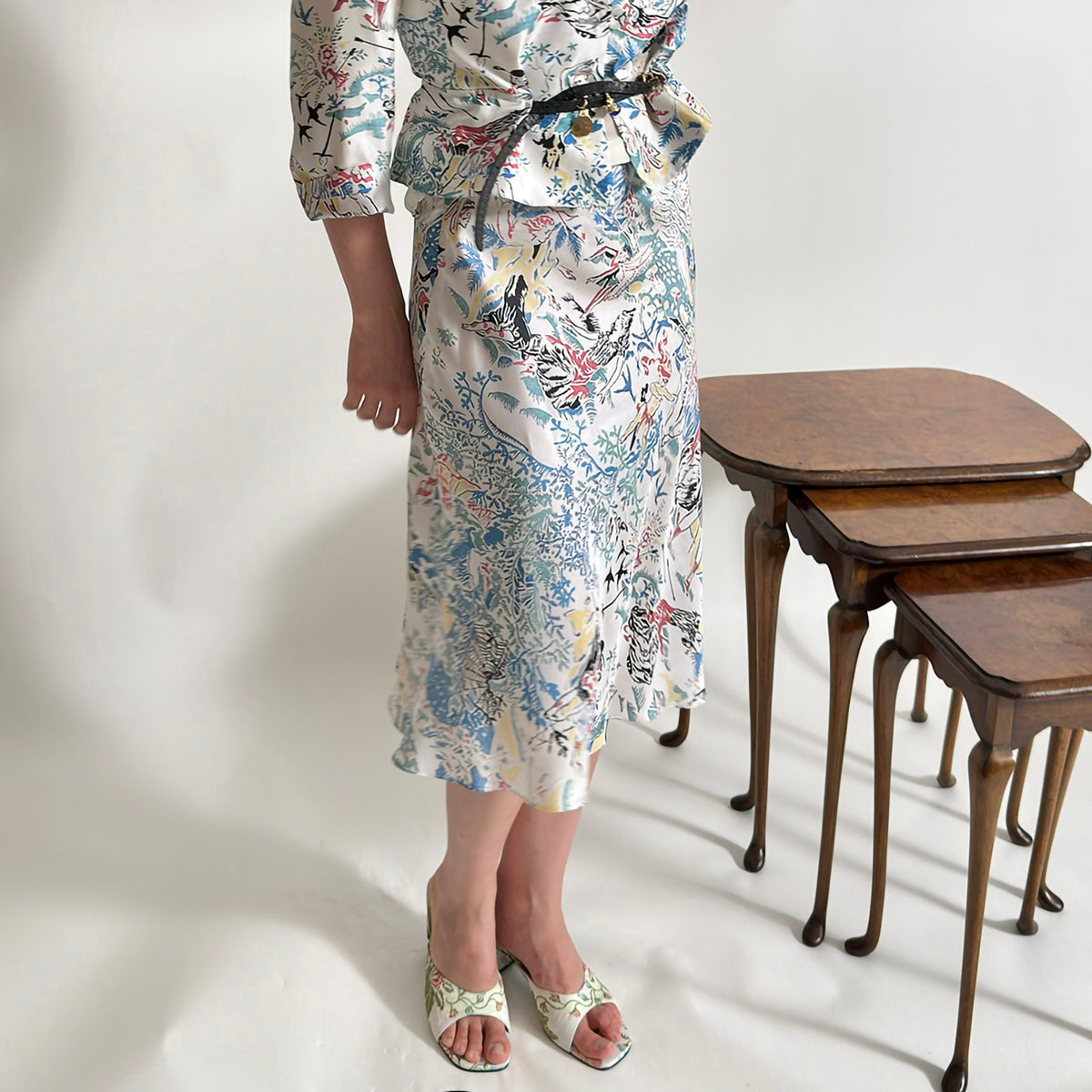 WINGFREE Retro Silk Floral Print Bias-Cut Midi Skirt
