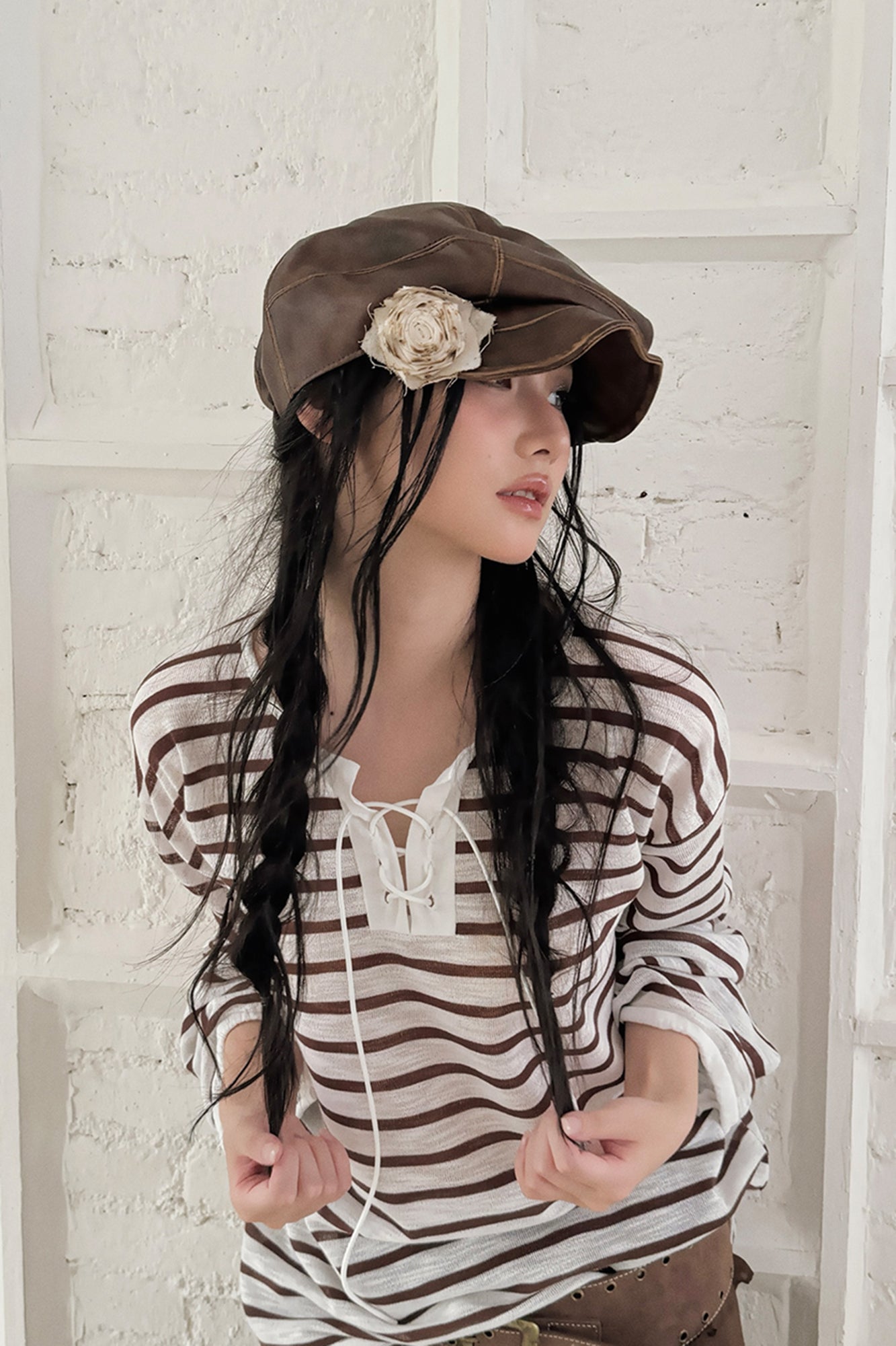 RIDK Faux Leather Rose Embellished Newsboy Cap