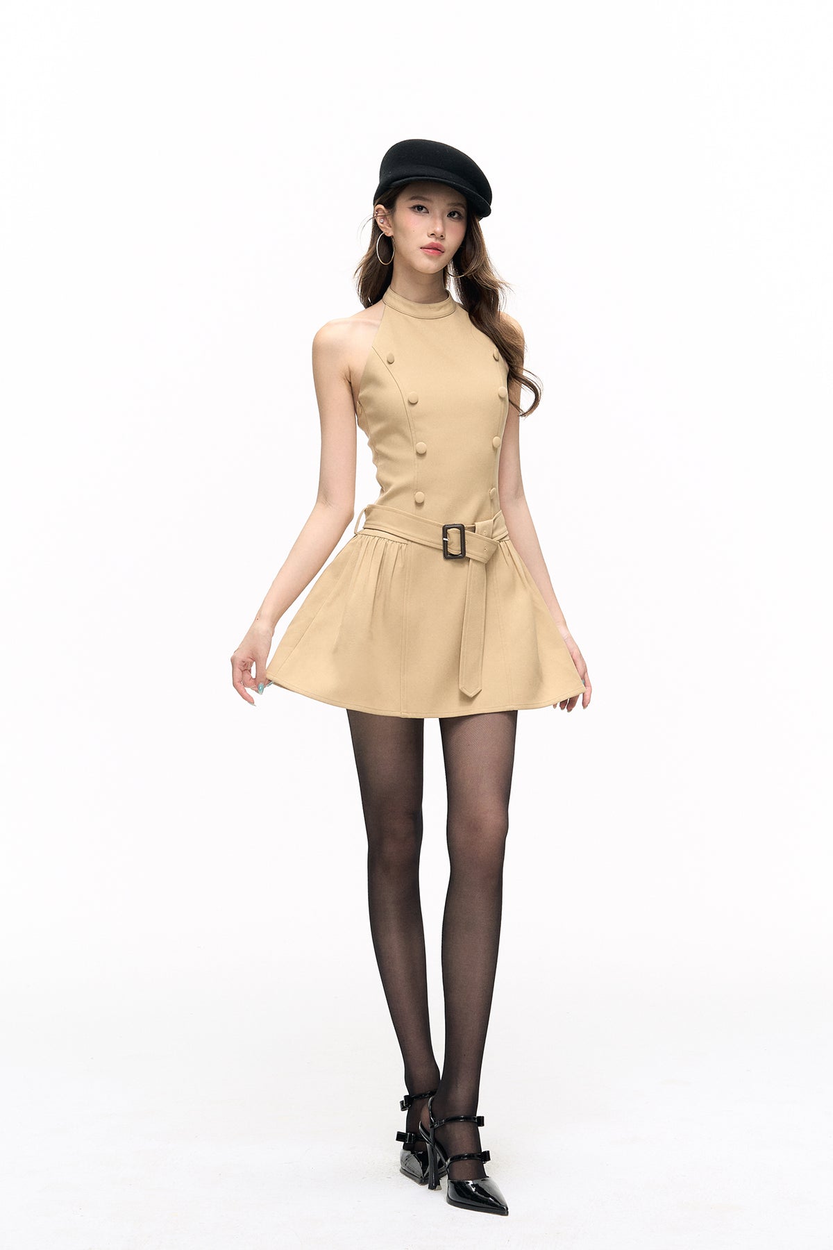 HIIMDAI Detachable Cape Double-Breasted Halter Dress
