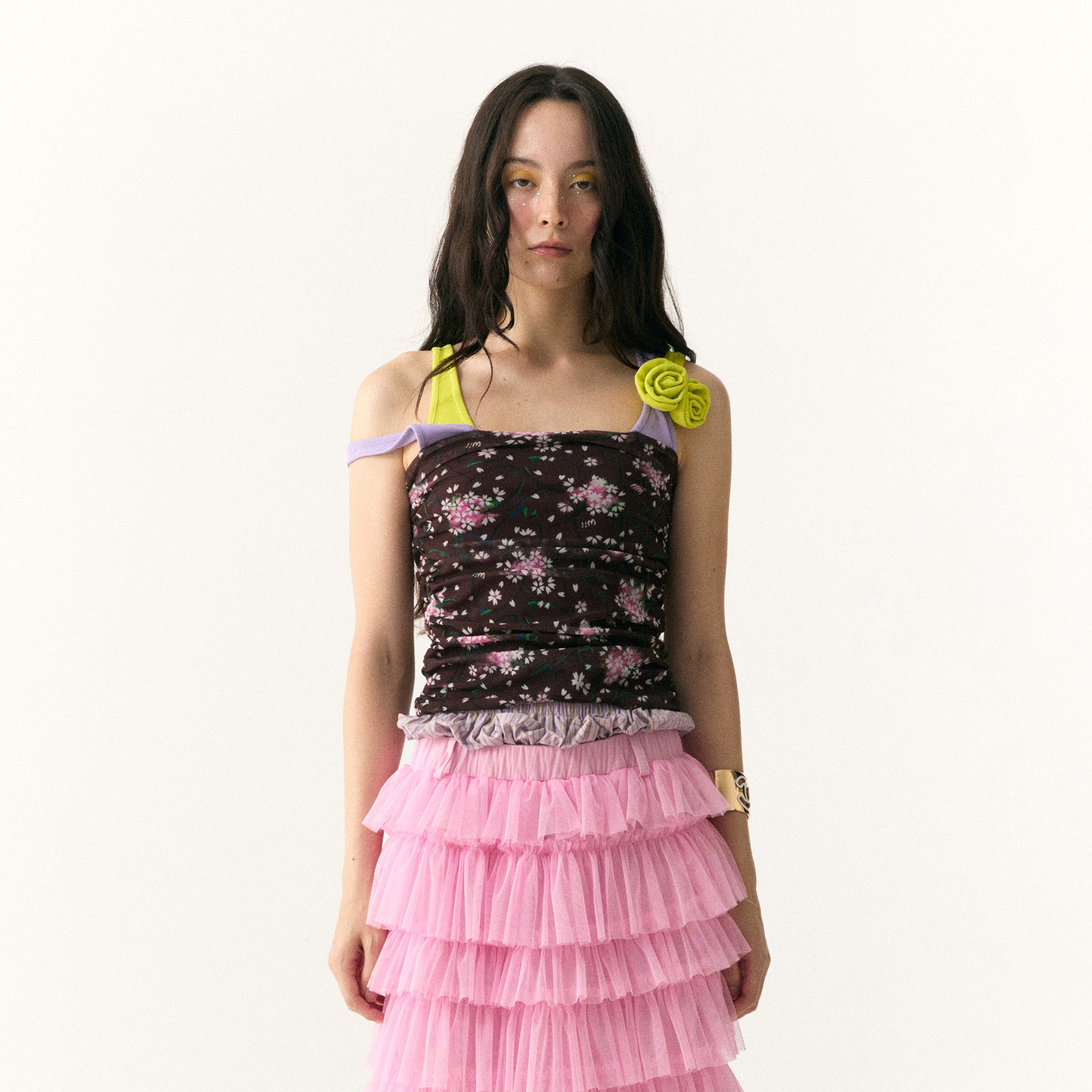 WII WIL Layered Rosette Floral Mesh Tank Top