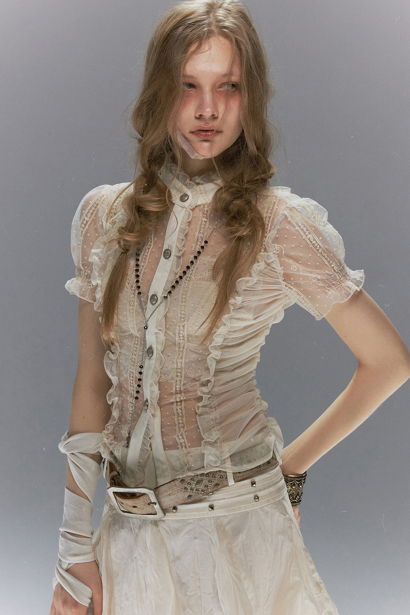CESTNOUS Sheer Lace Ruched Puff-Sleeve Blouse