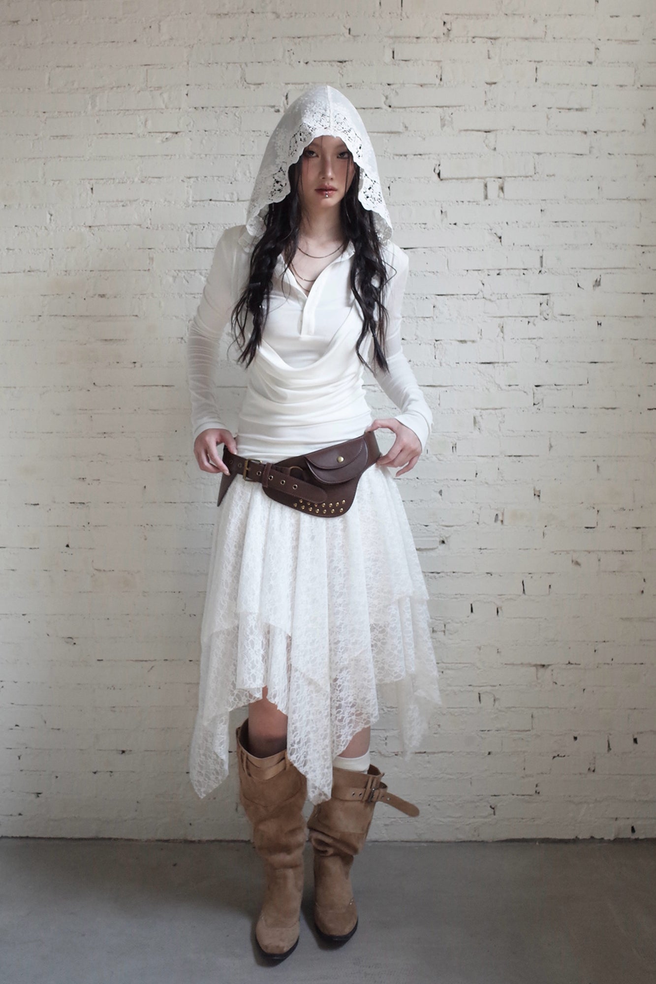 RIDK Layered Cowl Collar Lace Hooded Top