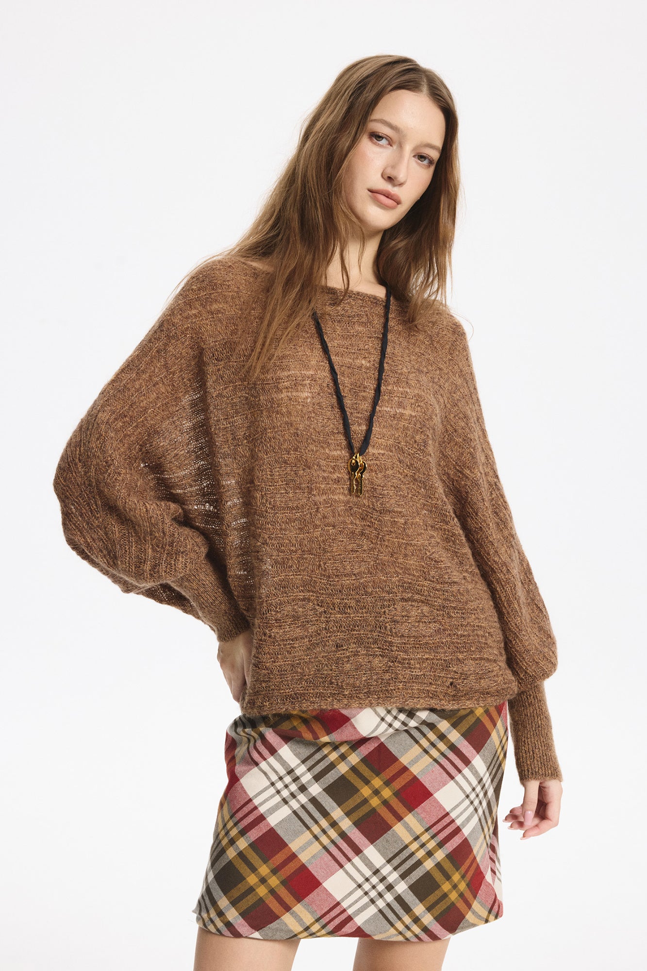 LEONSENSE Sheer One-Shoulder Slouchy Sweater