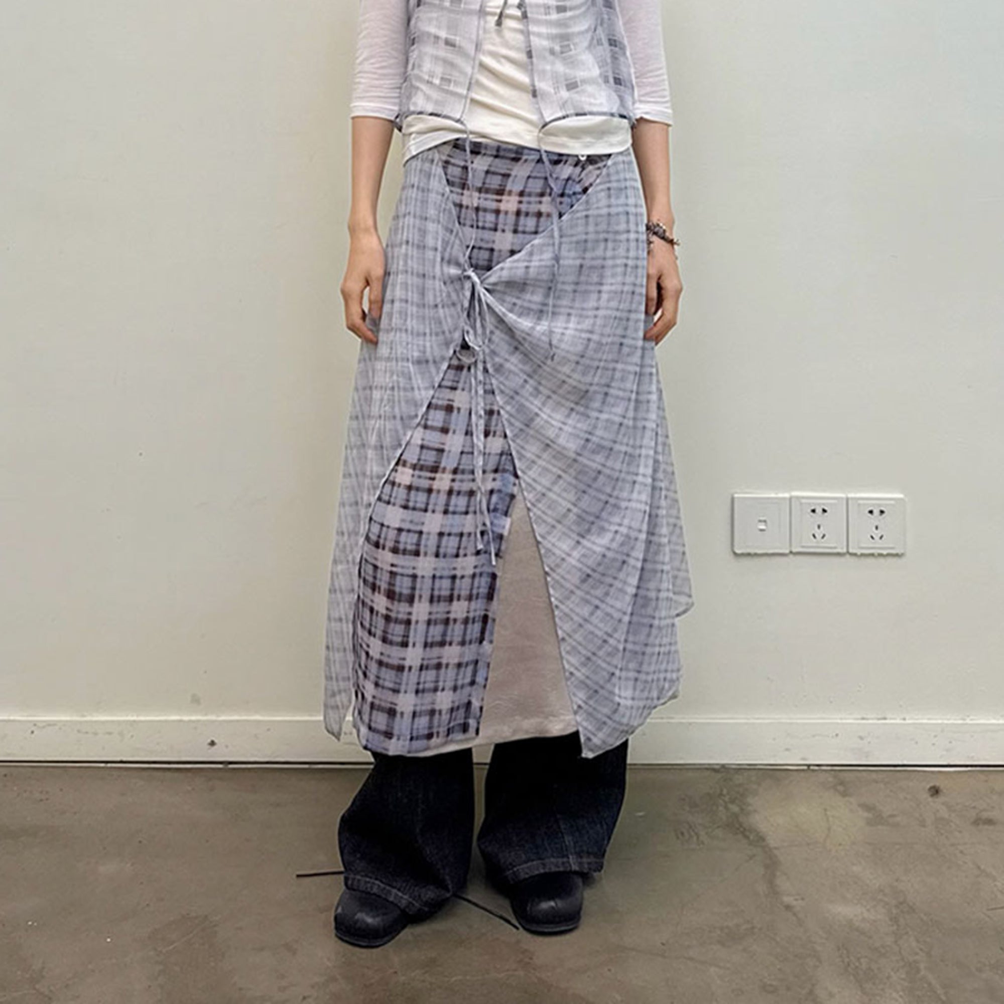NEVERSEEZ Layered Plaid Tied Wrap Skirt