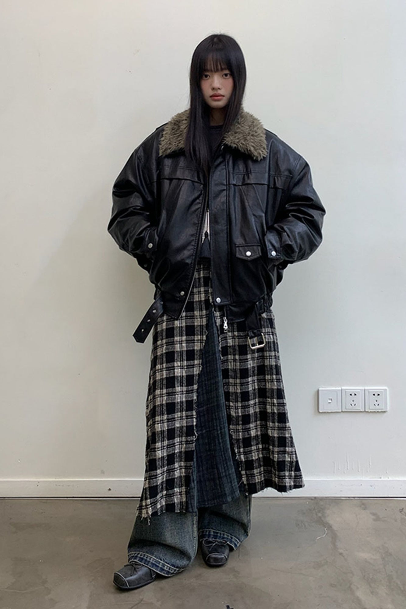 NEVERSEEZ Raw-Edge Plaid Panel Midi Skirt