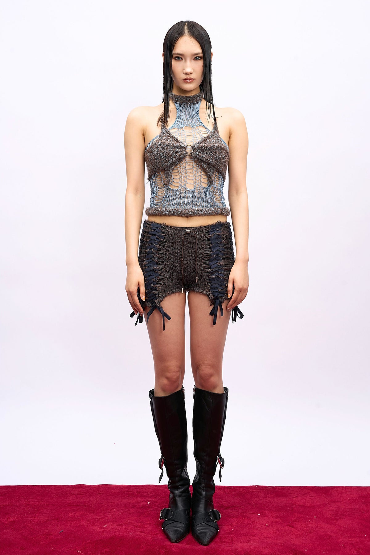 JUEJUEWORKS Layered Bow Halter Knit Top