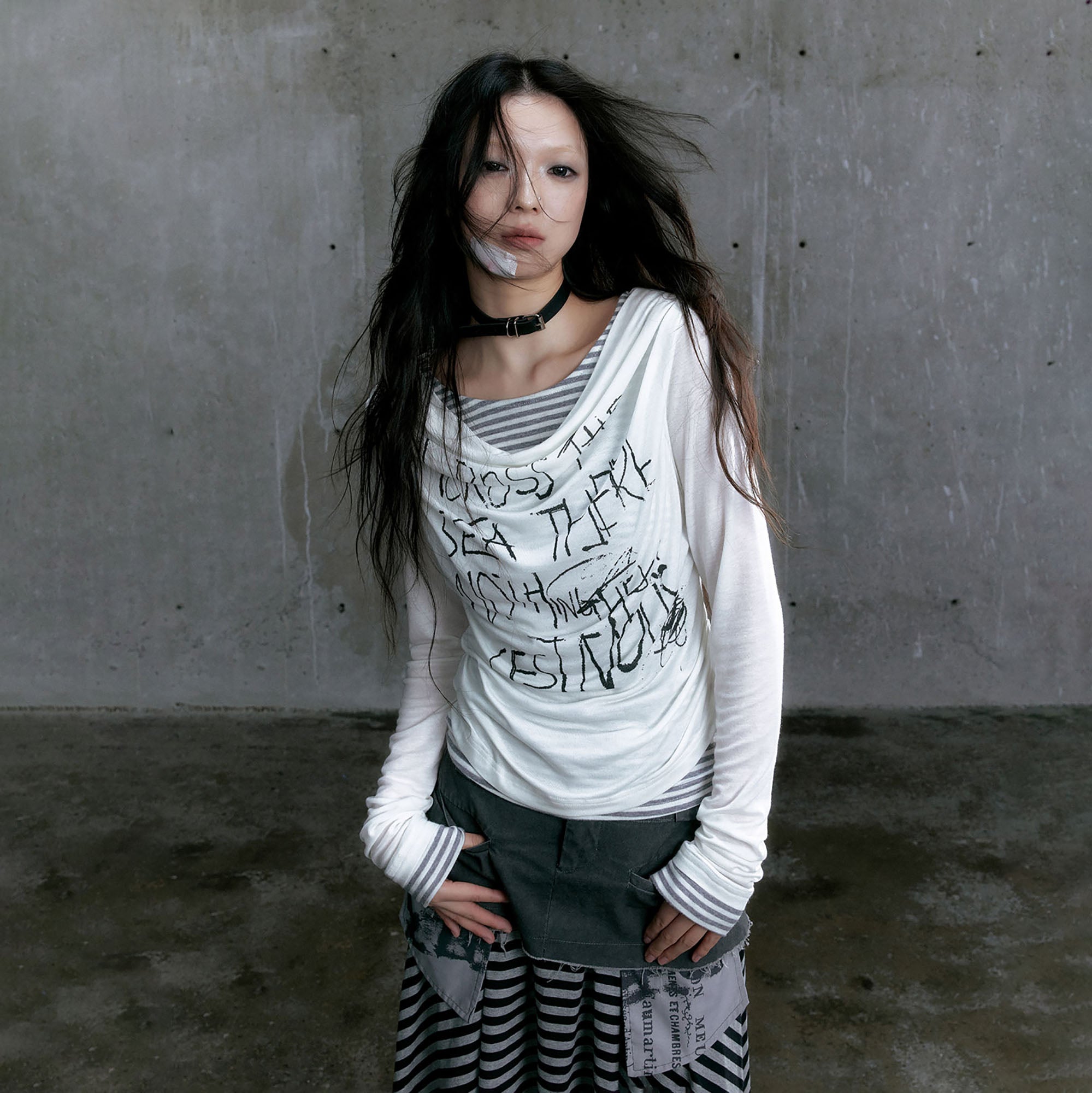 CESTNOUS Draped Graffiti Layered Long-Sleeve Tee