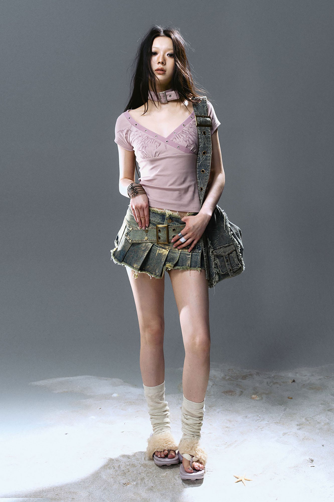 CESTNOUS Gold-Foil Paneled Frayed Denim Skort