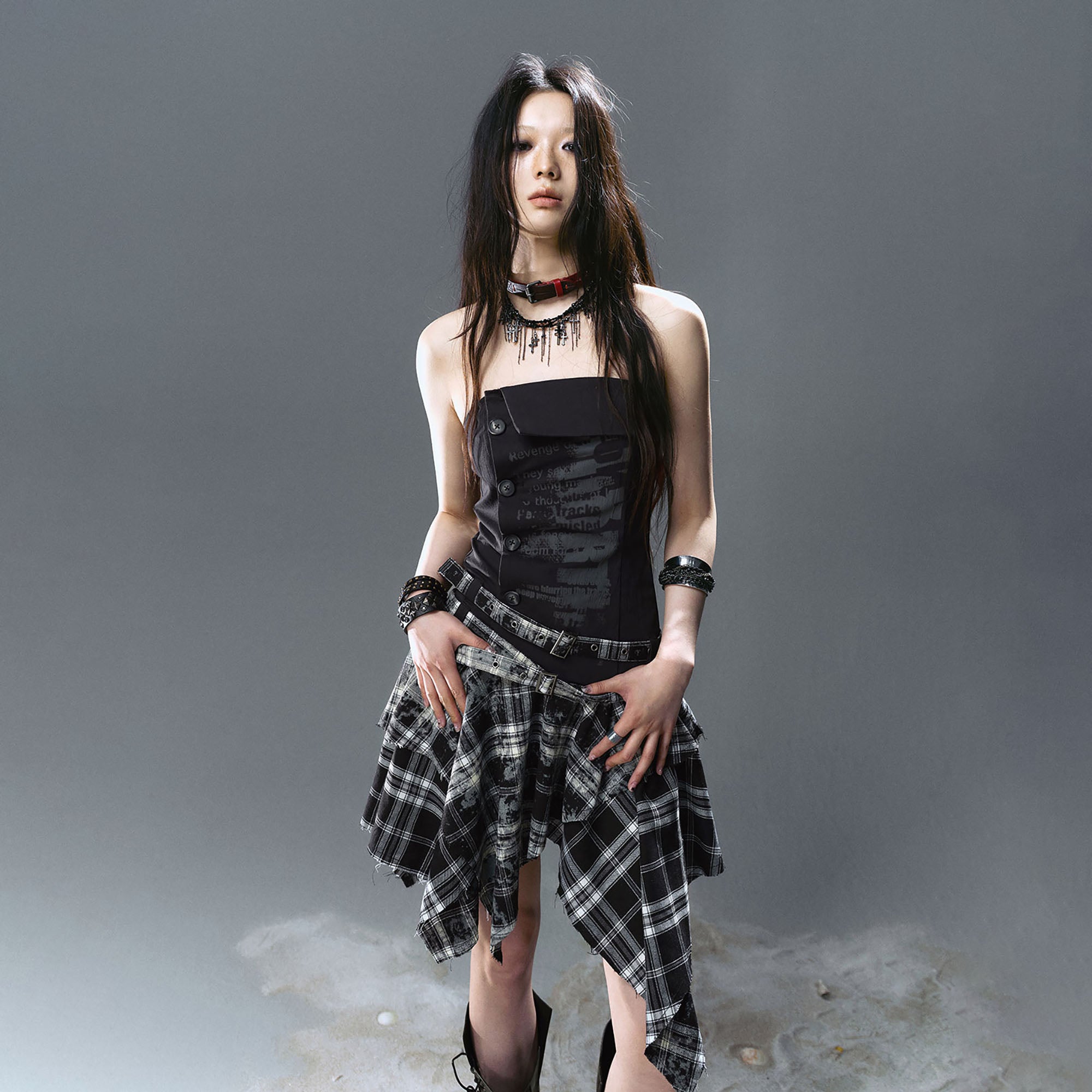 CESTNOUS Plaid Panel Graffiti Ruched Tube Dress