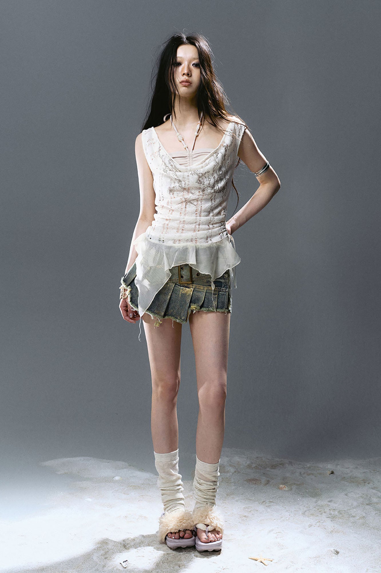 CESTNOUS Gold-Foil Paneled Frayed Denim Skort