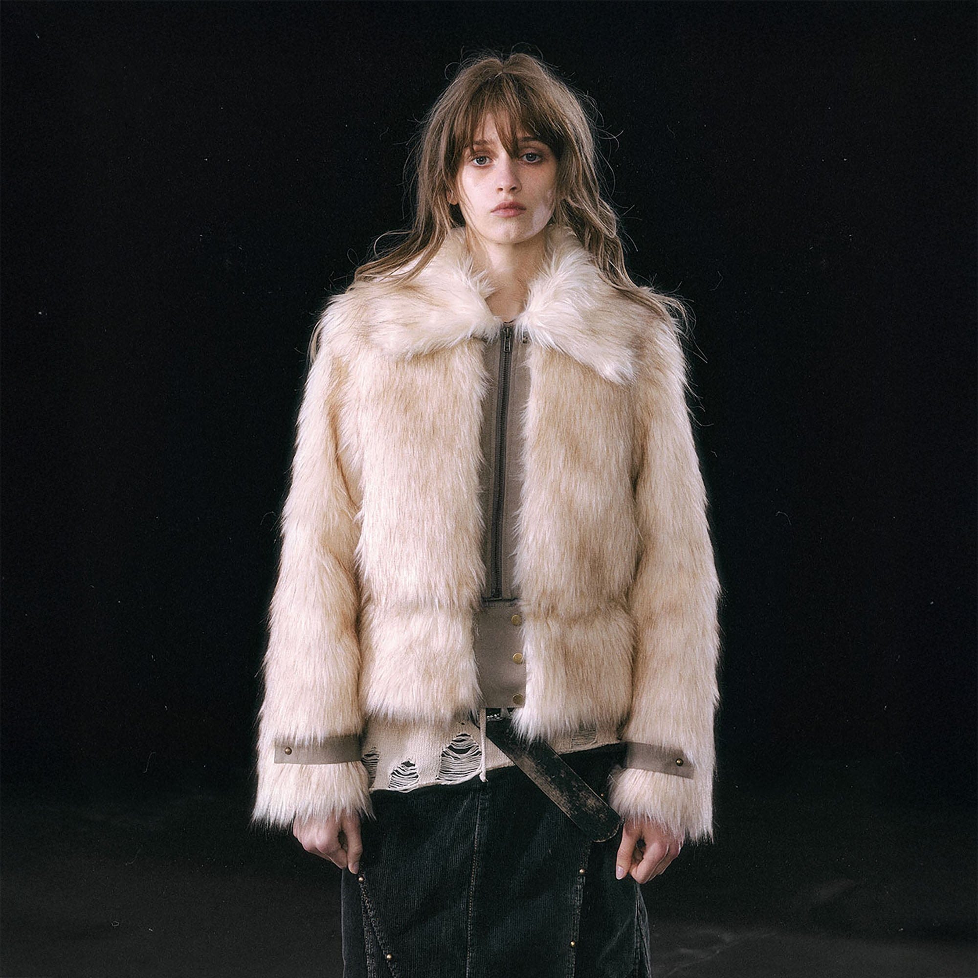 CESTNOUS Detachable Hem Spliced Faux Fur Jacket