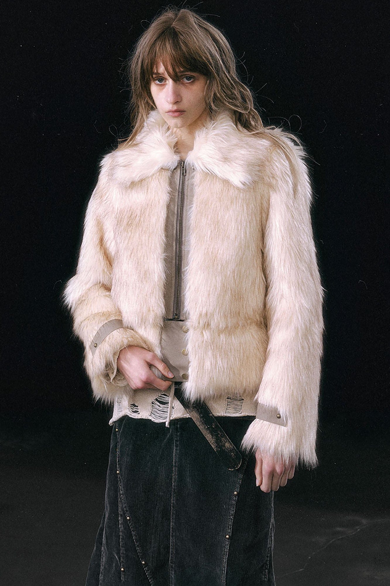 CESTNOUS Detachable Hem Spliced Faux Fur Jacket