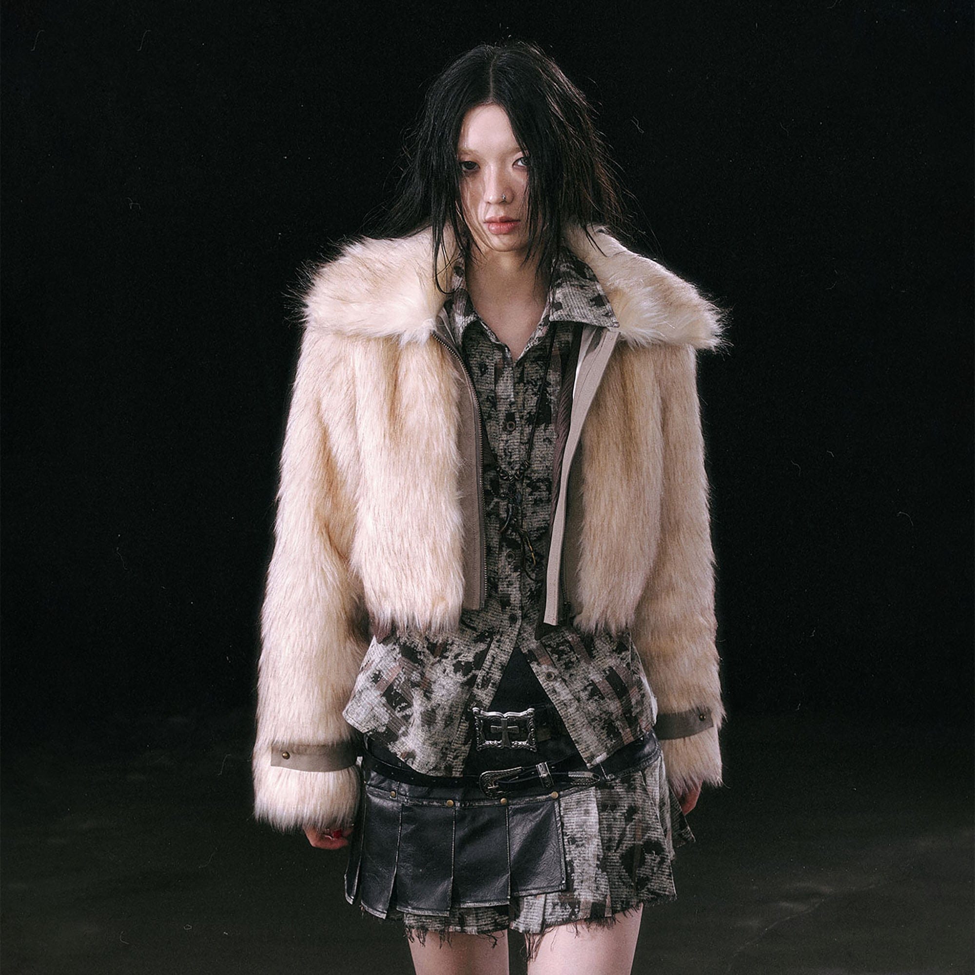 CESTNOUS Detachable Hem Spliced Faux Fur Jacket