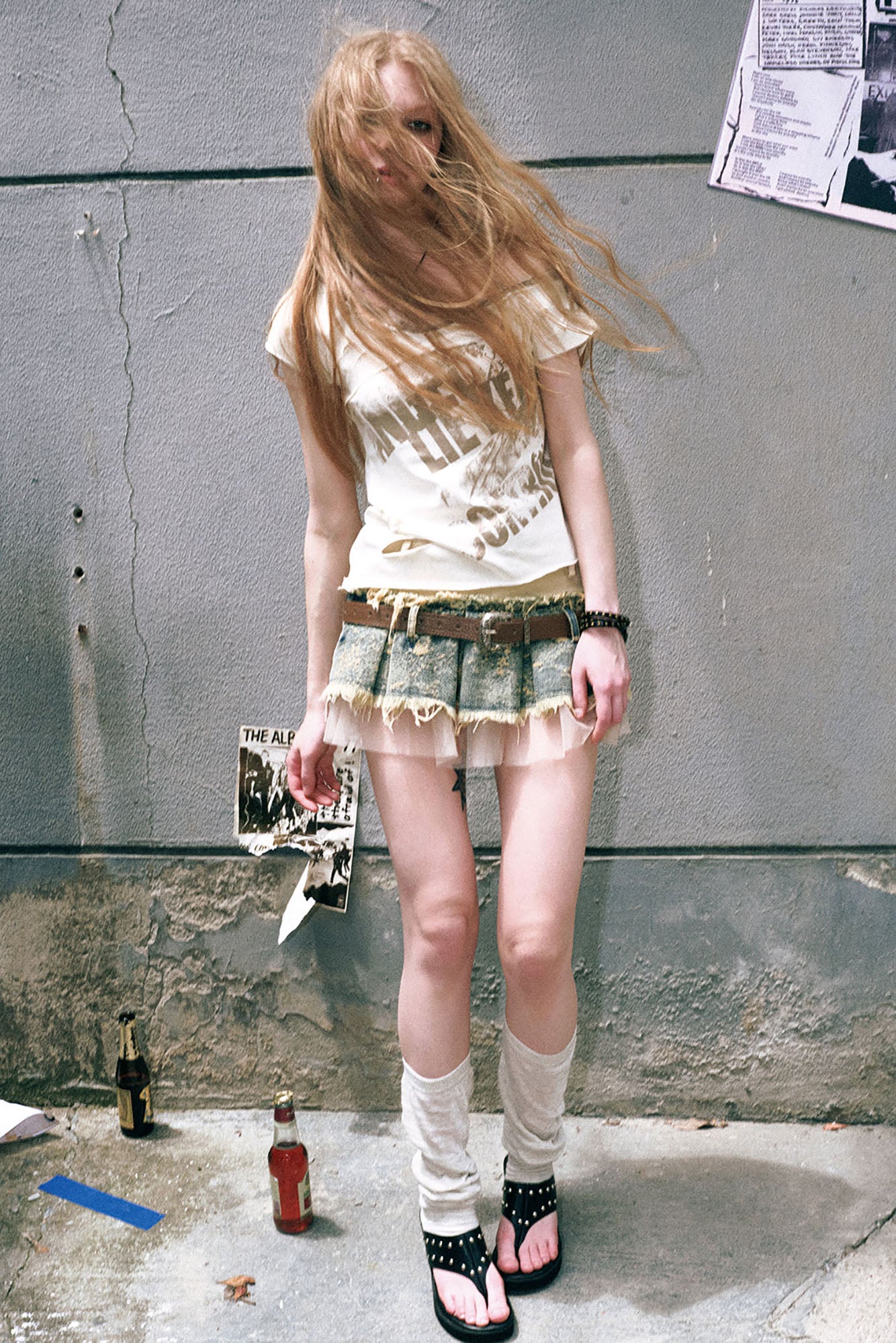 CESTNOUS Layered Frayed Denim Tulle Mini Skirt