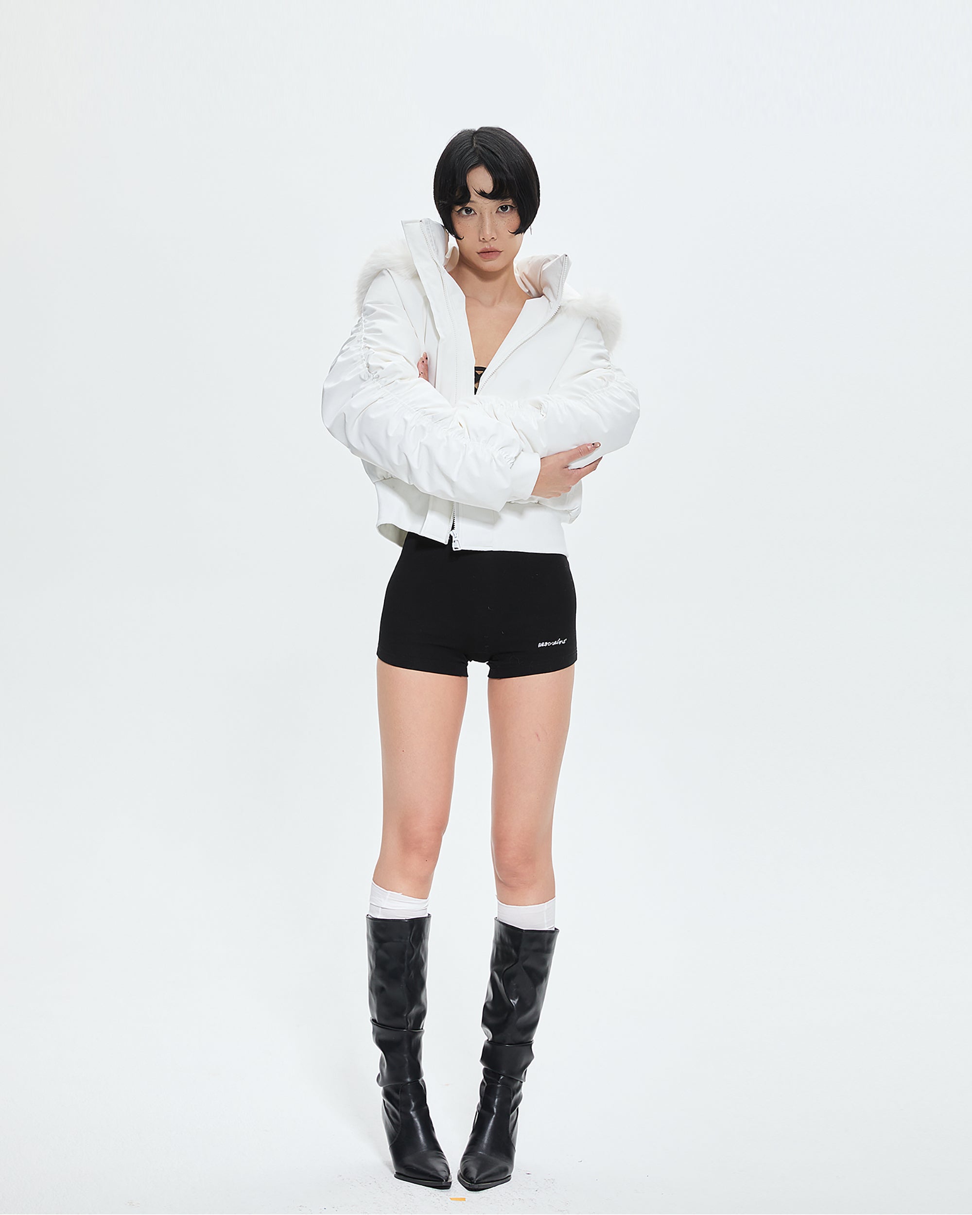 AE30 SAINT Detachable Trim Embroidery Ruched-Sleeve Down Jacket