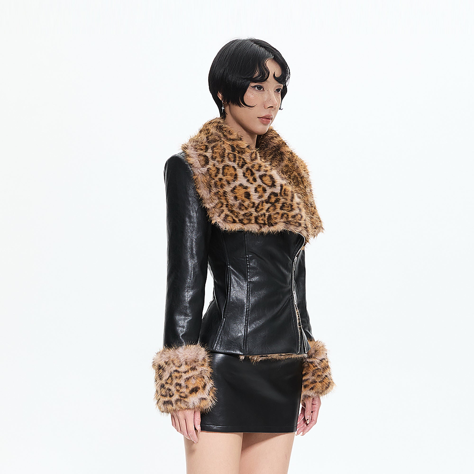 AE30 SAINT Leopard Fur-Collar Faux-Leather Jacket