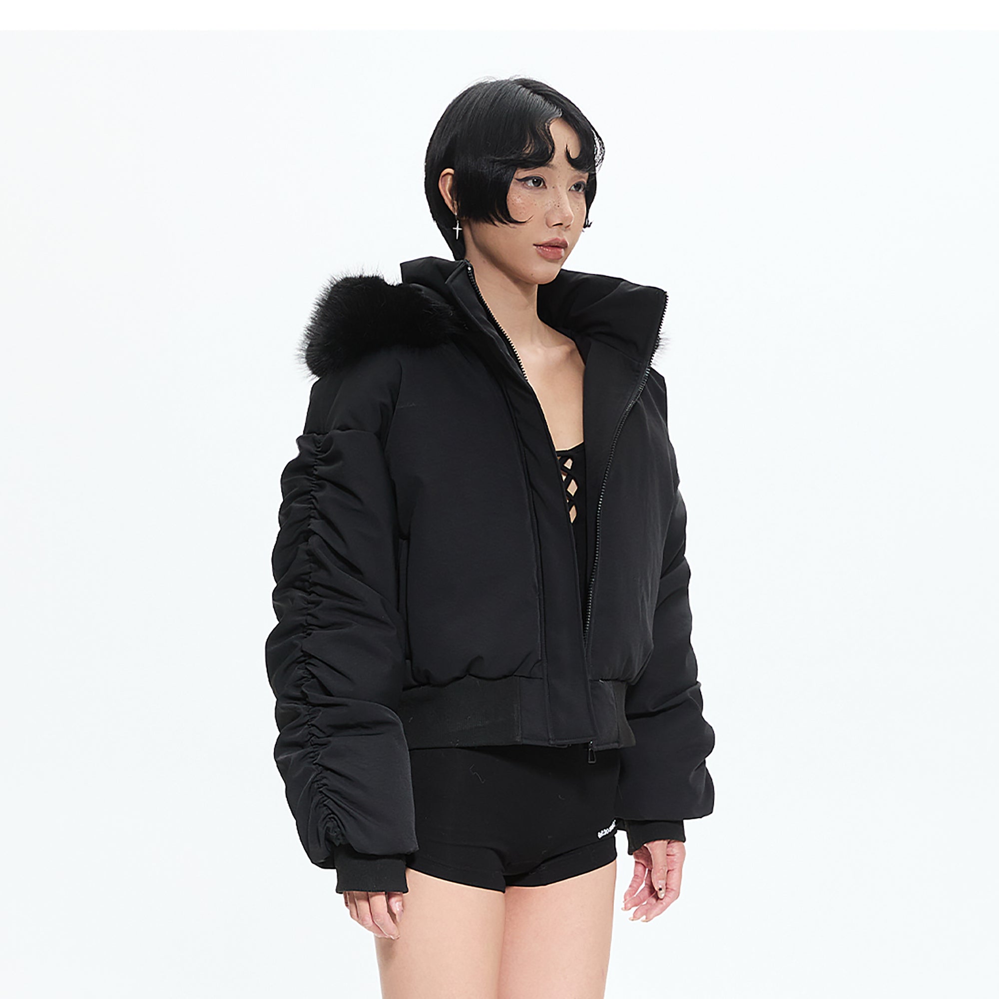 AE30 SAINT Detachable Trim Embroidery Ruched-Sleeve Down Jacket