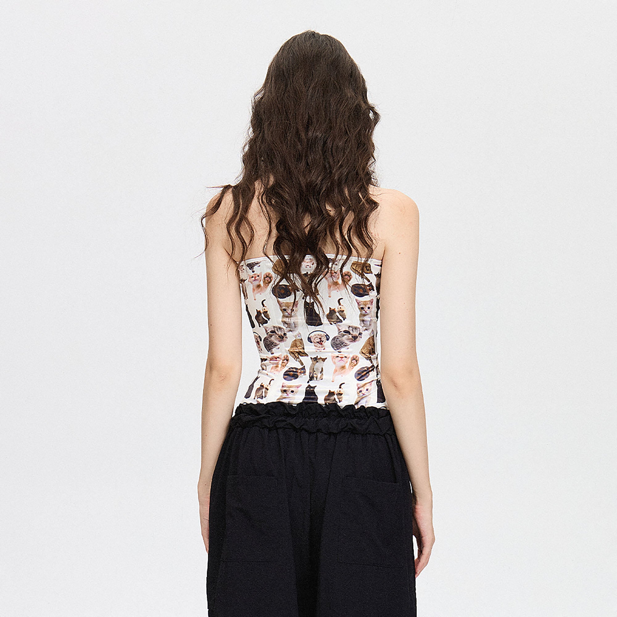 AE30 SAINT Cat Full-Print Lace-Up Corset Tube Top