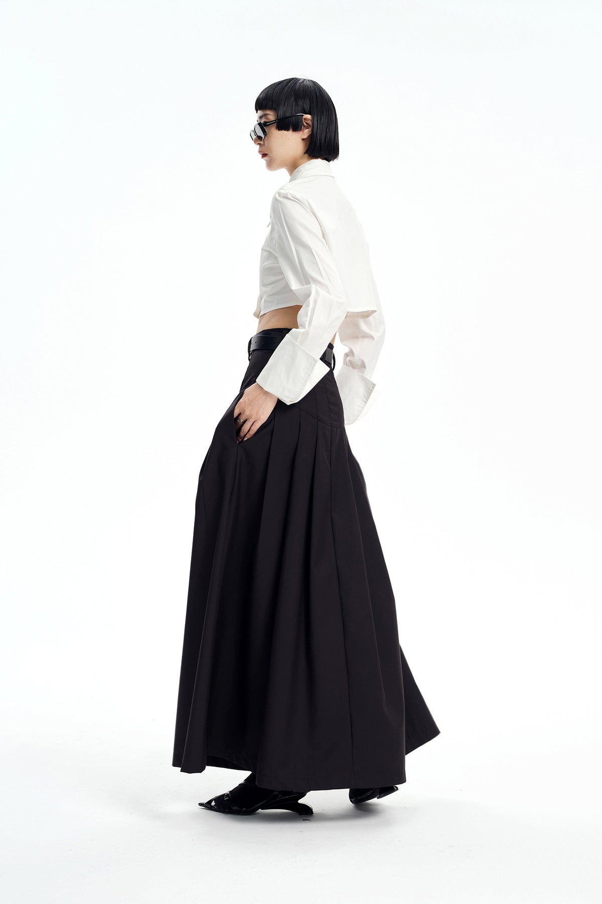 TINY IN STUDIO Oversized Belted Pleated Maxi Skirt