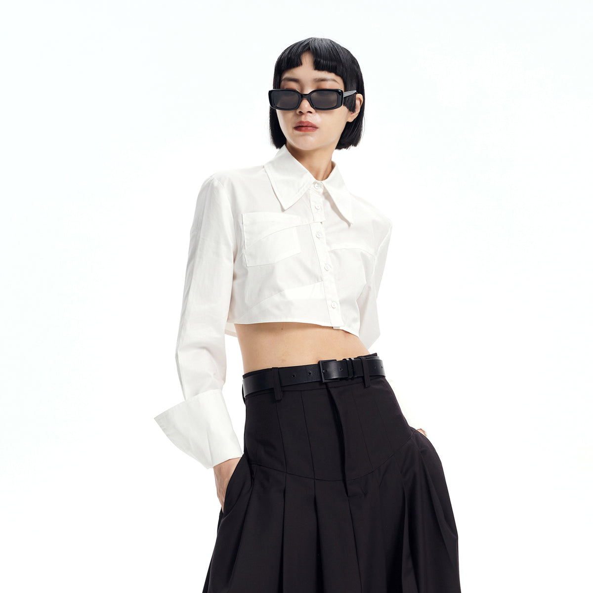 TINY IN STUDIO Asymmetrical Oversized-Sleeve Cropped Shirt