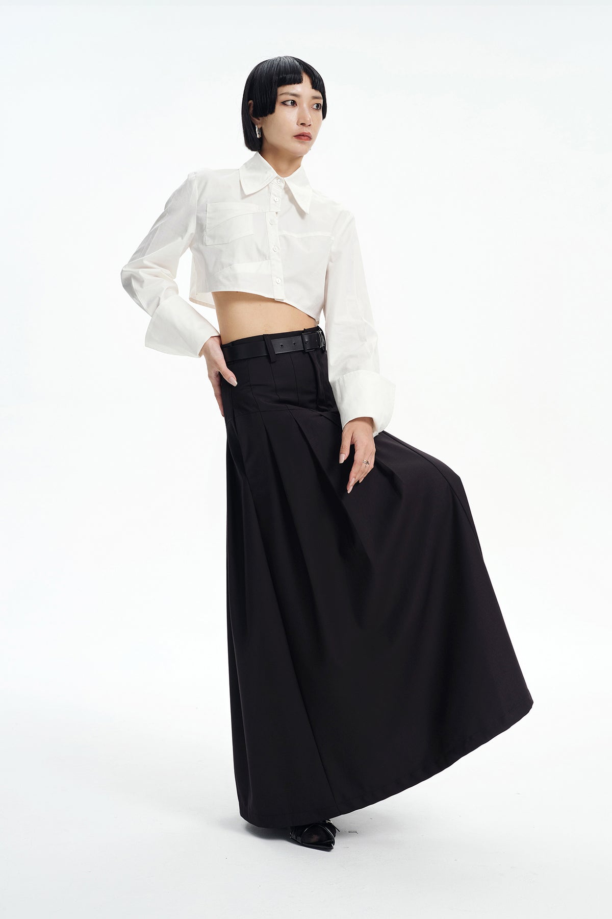 TINY IN STUDIO Oversized Belted Pleated Maxi Skirt