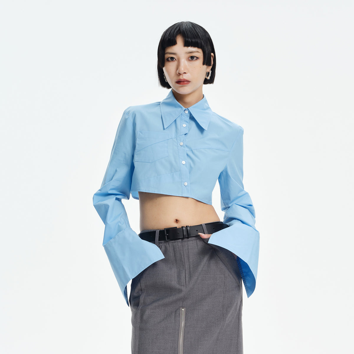 TINY IN STUDIO Asymmetrical Oversized-Sleeve Cropped Shirt