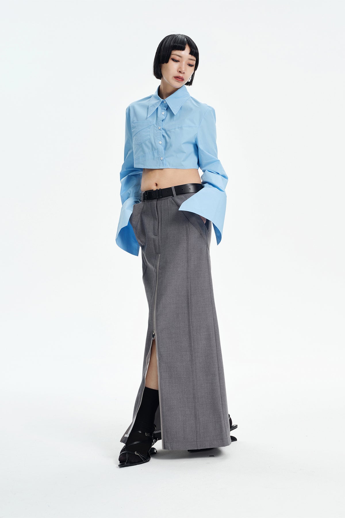 TINY IN STUDIO Asymmetrical Oversized-Sleeve Cropped Shirt