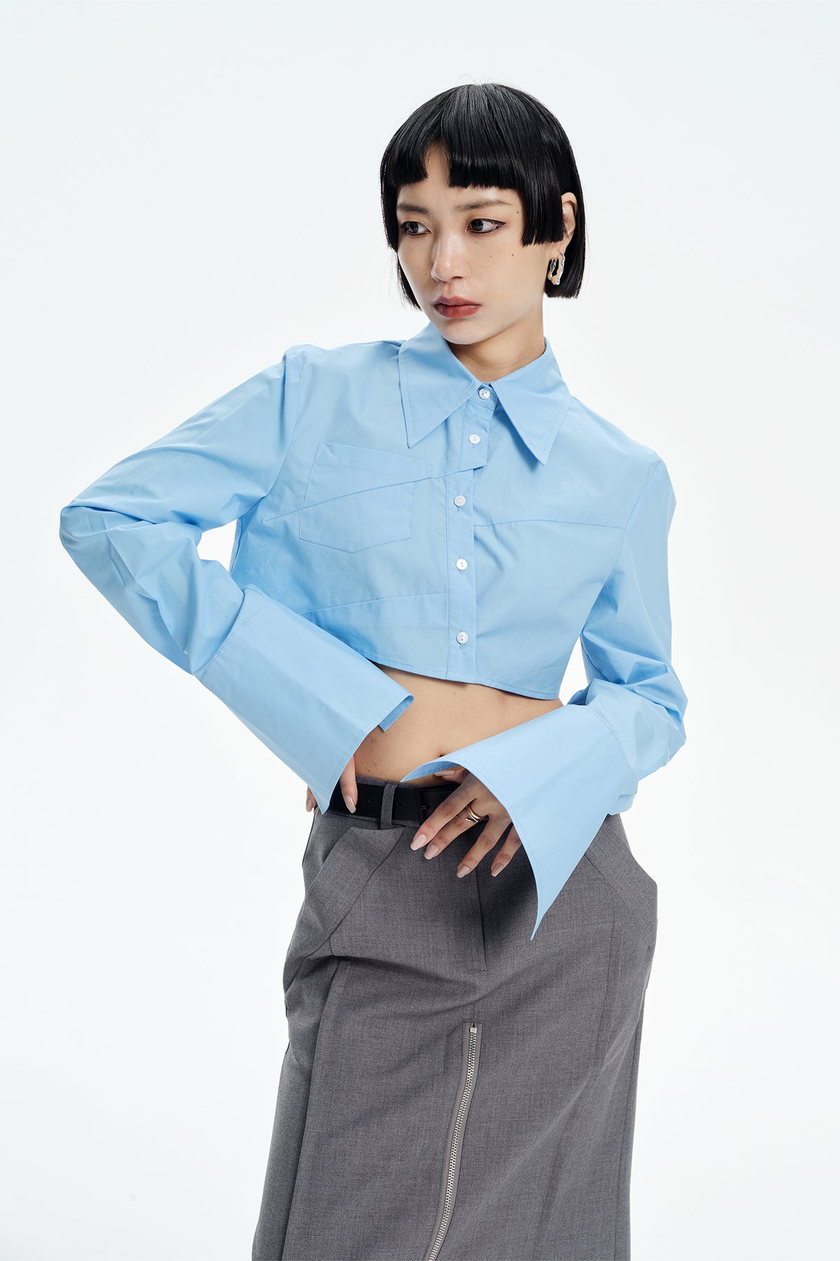 TINY IN STUDIO Asymmetrical Oversized-Sleeve Cropped Shirt