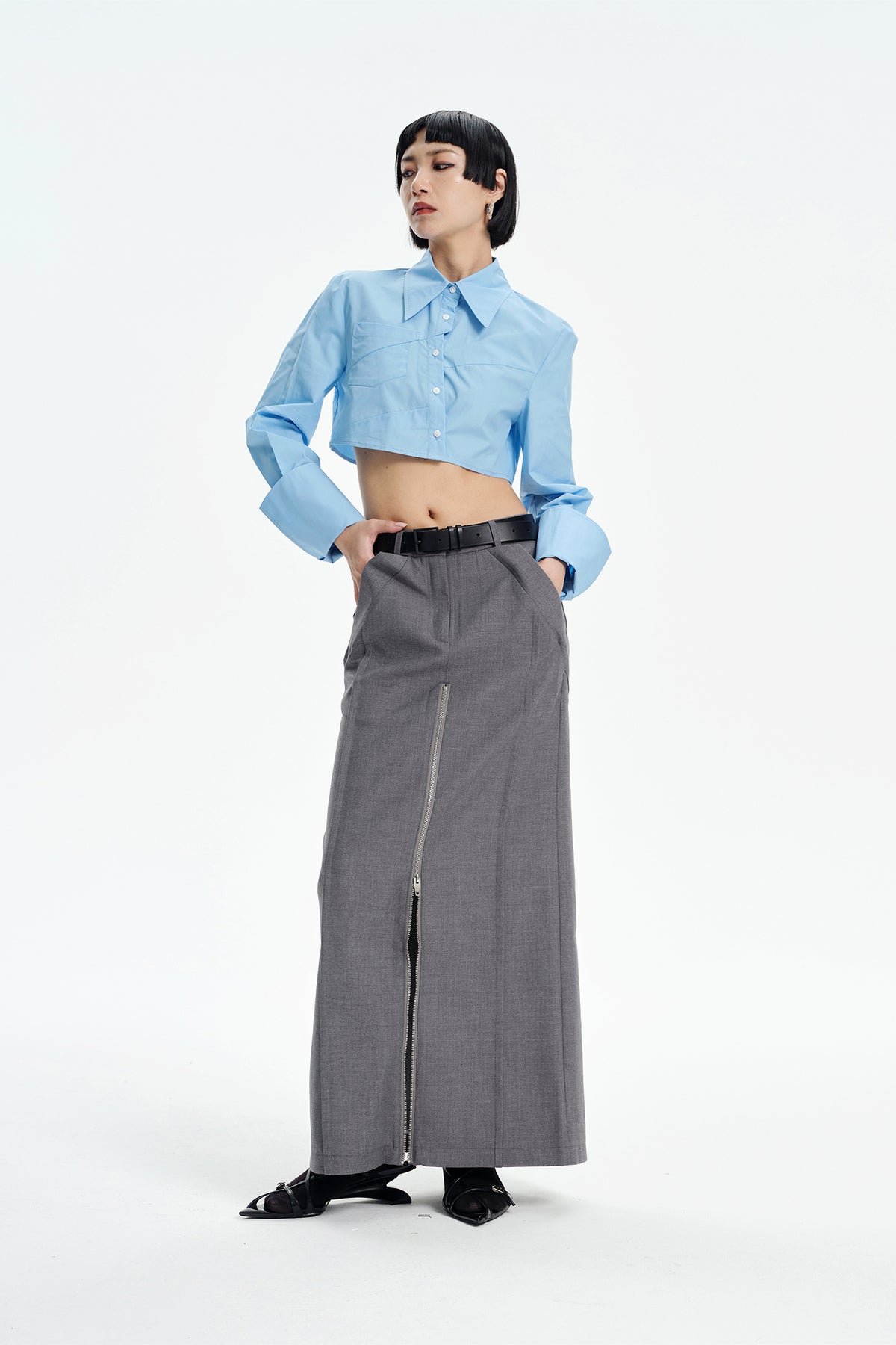 TINY IN STUDIO Asymmetrical Oversized-Sleeve Cropped Shirt