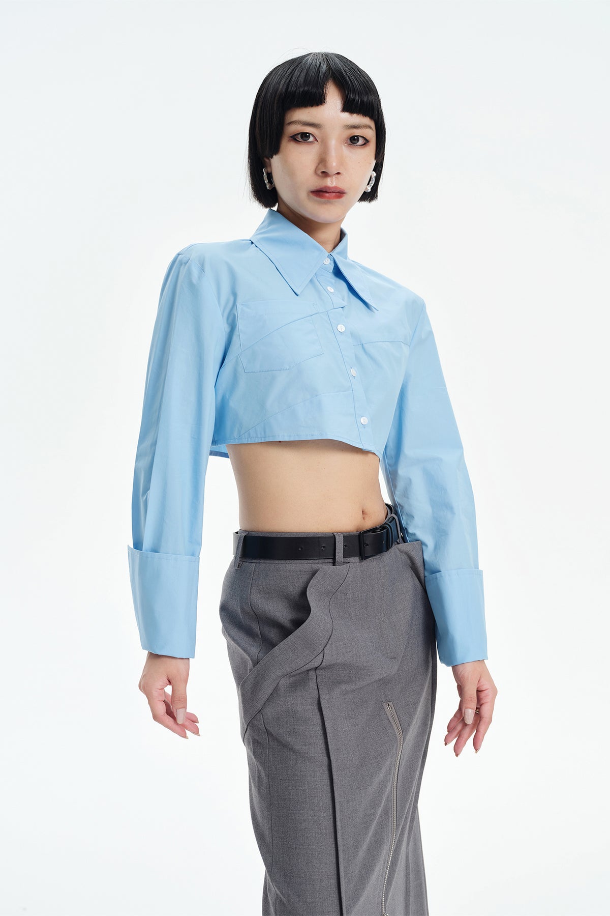 TINY IN STUDIO Asymmetrical Oversized-Sleeve Cropped Shirt