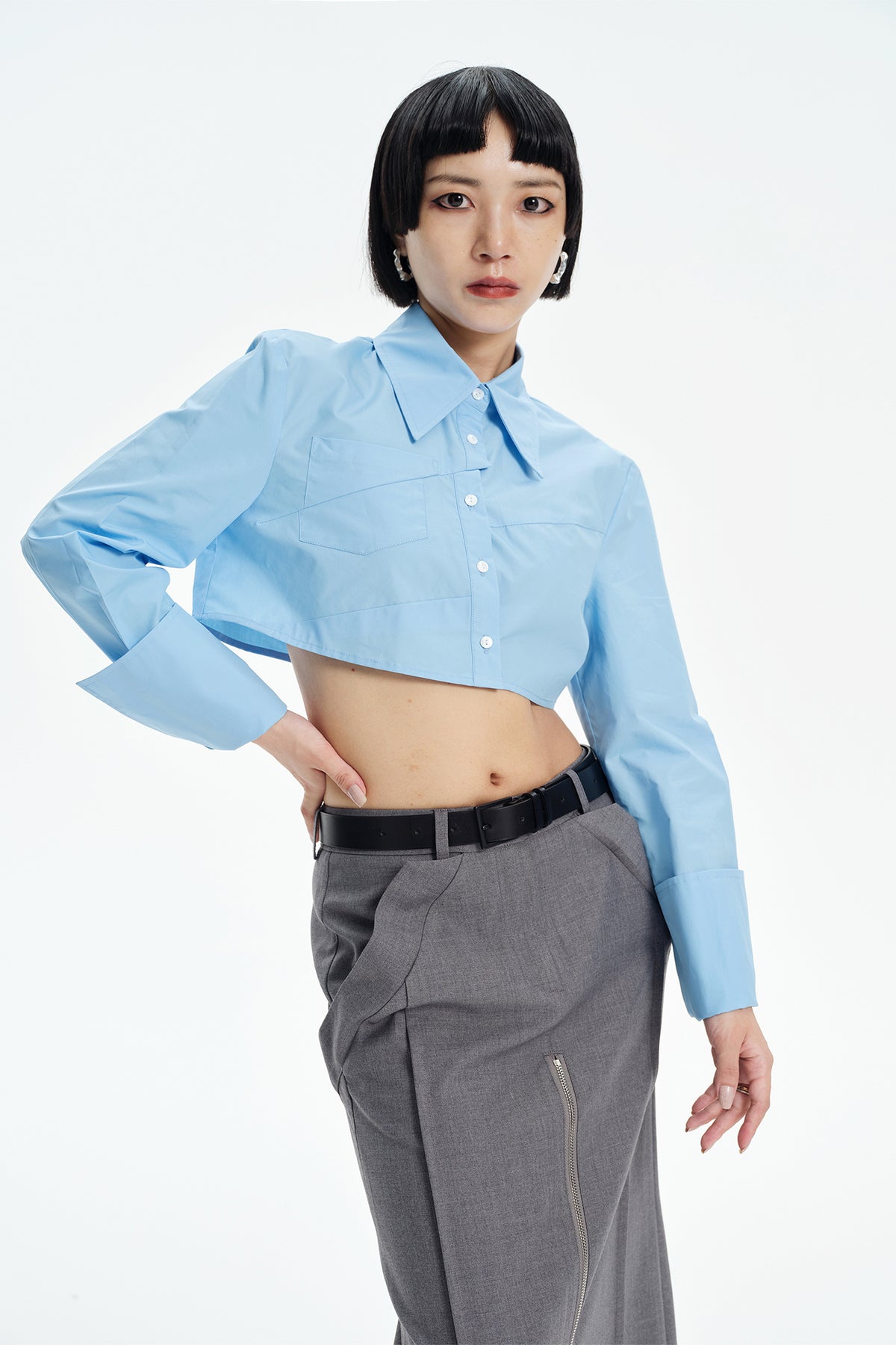 TINY IN STUDIO Asymmetrical Oversized-Sleeve Cropped Shirt