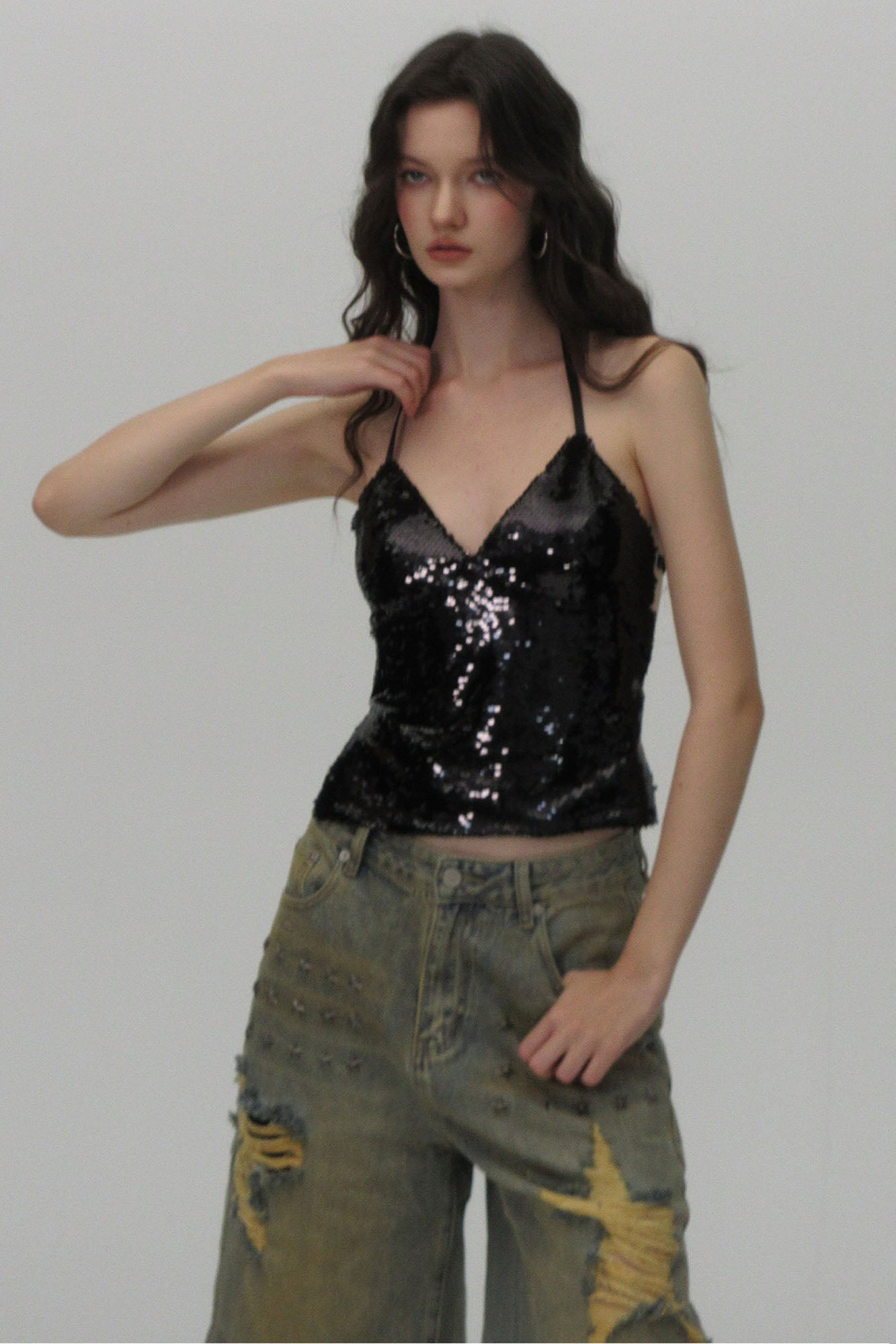 AE30 SAINT Sequin Back-Strap Halter Cami Top